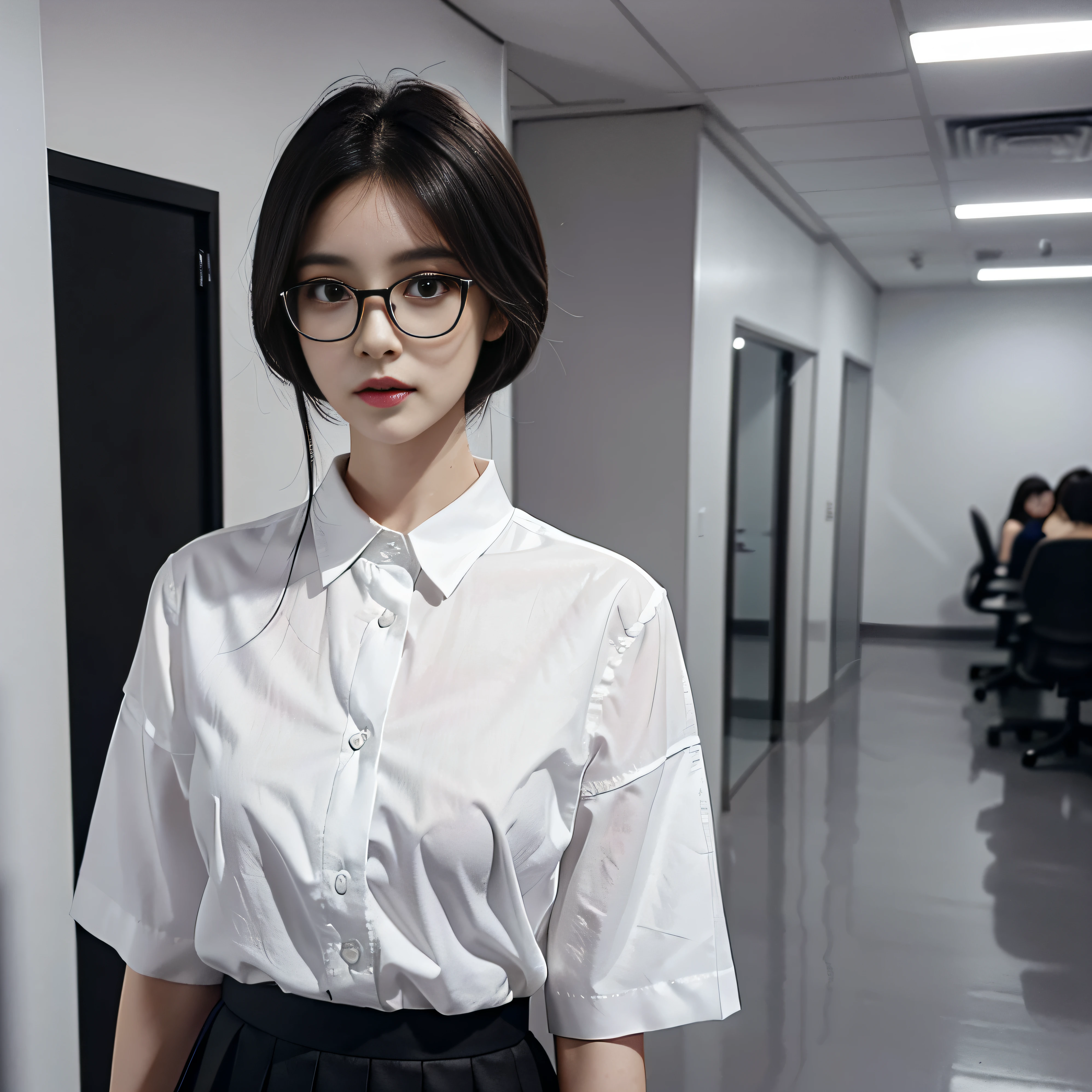 Pretty woman,White short-sleeved shirt,Black pleated skirt,body detailed,Private Offices,,,(Keep details),long-haired,(Best Performance),(Realistic.),korea,Wolf Cut Hairstyle,Focus on your eyes,scenary,Wear round glasses..