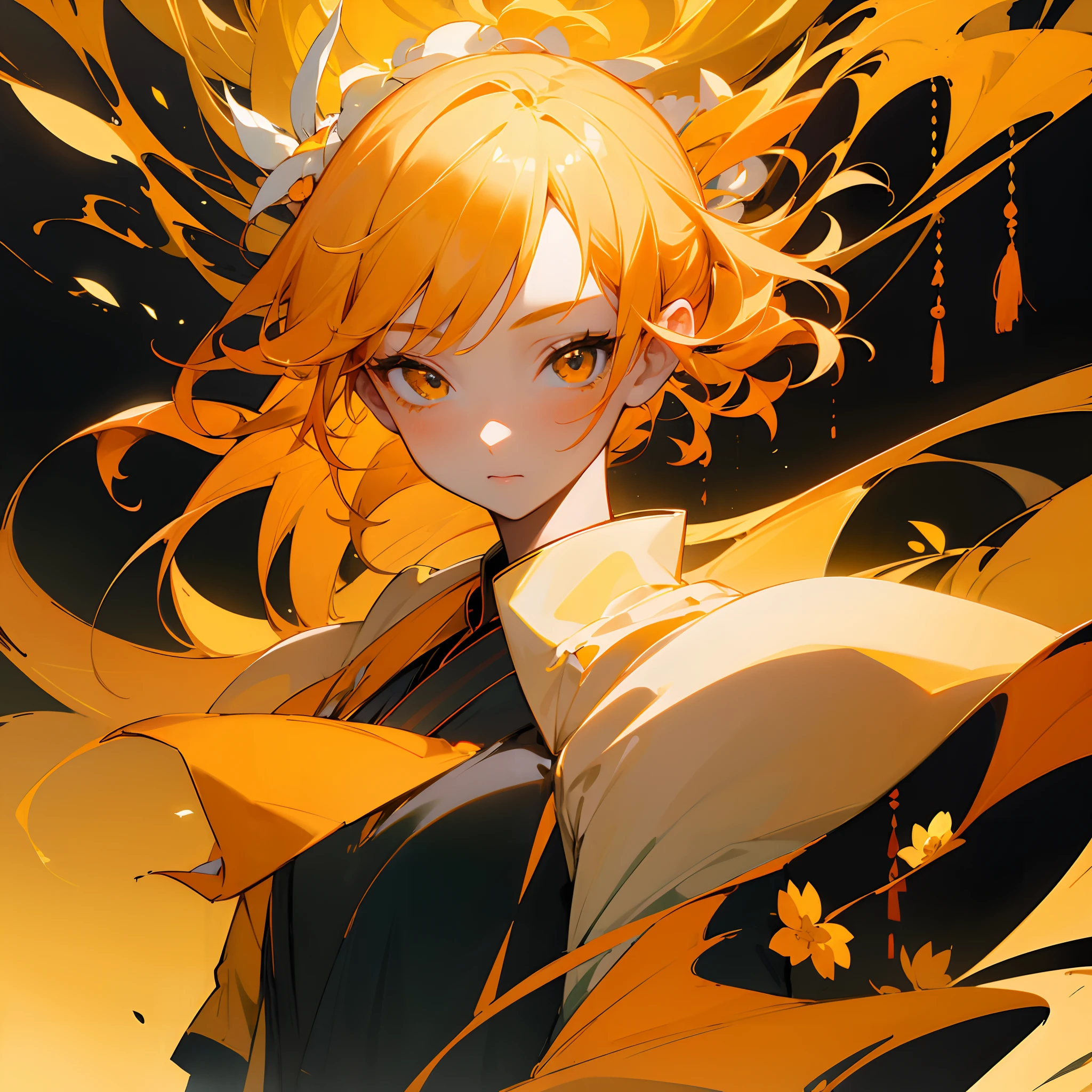 (Beautifully Aesthetic:1.2)、(1girl in:1.3)、(Orange and yellow colorful hair:1.2)、Wearing orange and yellow colorful kimono、Osmanthus flower、First love、Top image quality、