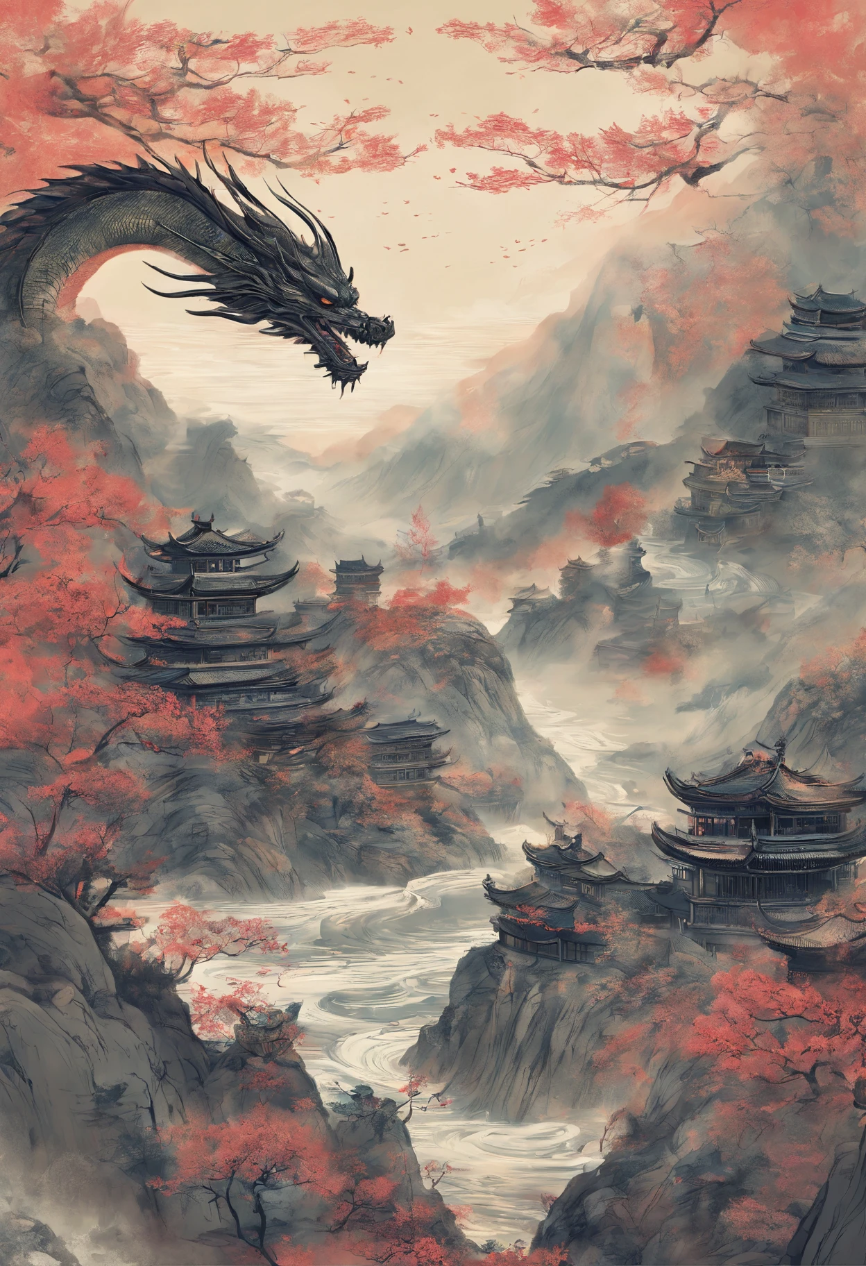 China-style,Dragon,fenghuang,Mountain and Sea Sutra,illustration,