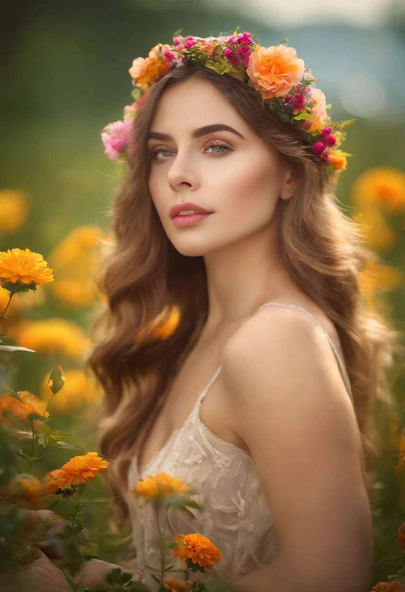 Girl in the garden,Beautiful detailed eyes,beautiful detailed lips,Extremely detailed eyes and face,Long eyelashes,Dreamy,Flower crown,Summer dress,Peaceful atmosphere,Natural sunlight,butterflys flying around,Colorful flowers,Green grass,Sun-kissed skin,Soft and delicate texture,Impressionist painting effect,Vivid colors,Bokeh. (Best quality,4K,8K,A high resolution,Masterpiece:1.2),Ultra-detailed,Realistic:1.37,sportrait,Pastel colors of summer,Soft lighting.