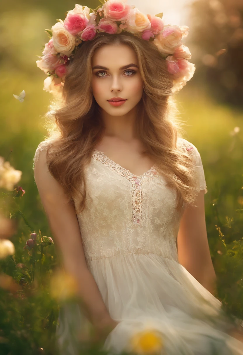 Girl in the garden,Beautiful detailed eyes,beautiful detailed lips,Extremely detailed eyes and face,Long eyelashes,Dreamy,Flower crown,Summer dress,Peaceful atmosphere,Natural sunlight,butterflys flying around,Colorful flowers,Green grass,Sun-kissed skin,Soft and delicate texture,Impressionist painting effect,Vivid colors,Bokeh. (Best quality,4K,8K,A high resolution,Masterpiece:1.2),Ultra-detailed,Realistic:1.37,sportrait,Pastel colors of summer,Soft lighting.