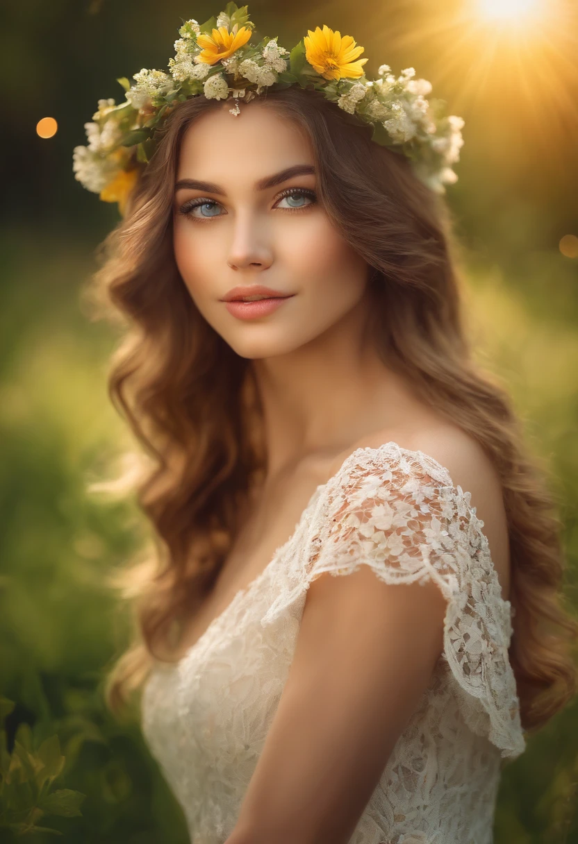 Girl in the garden,Beautiful detailed eyes,beautiful detailed lips,Extremely detailed eyes and face,Long eyelashes,Dreamy,Flower crown,Summer dress,Peaceful atmosphere,Natural sunlight,butterflys flying around,Colorful flowers,Green grass,Sun-kissed skin,Soft and delicate texture,Impressionist painting effect,Vivid colors,Bokeh. (Best quality,4K,8K,A high resolution,Masterpiece:1.2),Ultra-detailed,Realistic:1.37,sportrait,Pastel colors of summer,Soft lighting.