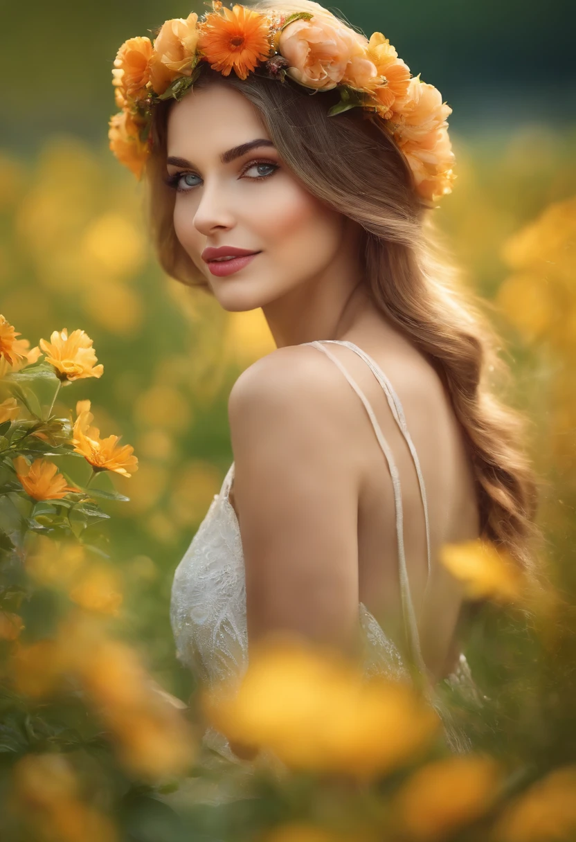 Girl in the garden,Beautiful detailed eyes,beautiful detailed lips,Extremely detailed eyes and face,Long eyelashes,Dreamy,Flower crown,Summer dress,Peaceful atmosphere,Natural sunlight,butterflys flying around,Colorful flowers,Green grass,Sun-kissed skin,Soft and delicate texture,Impressionist painting effect,Vivid colors,Bokeh. (Best quality,4K,8K,A high resolution,Masterpiece:1.2),Ultra-detailed,Realistic:1.37,sportrait,Pastel colors of summer,Soft lighting.