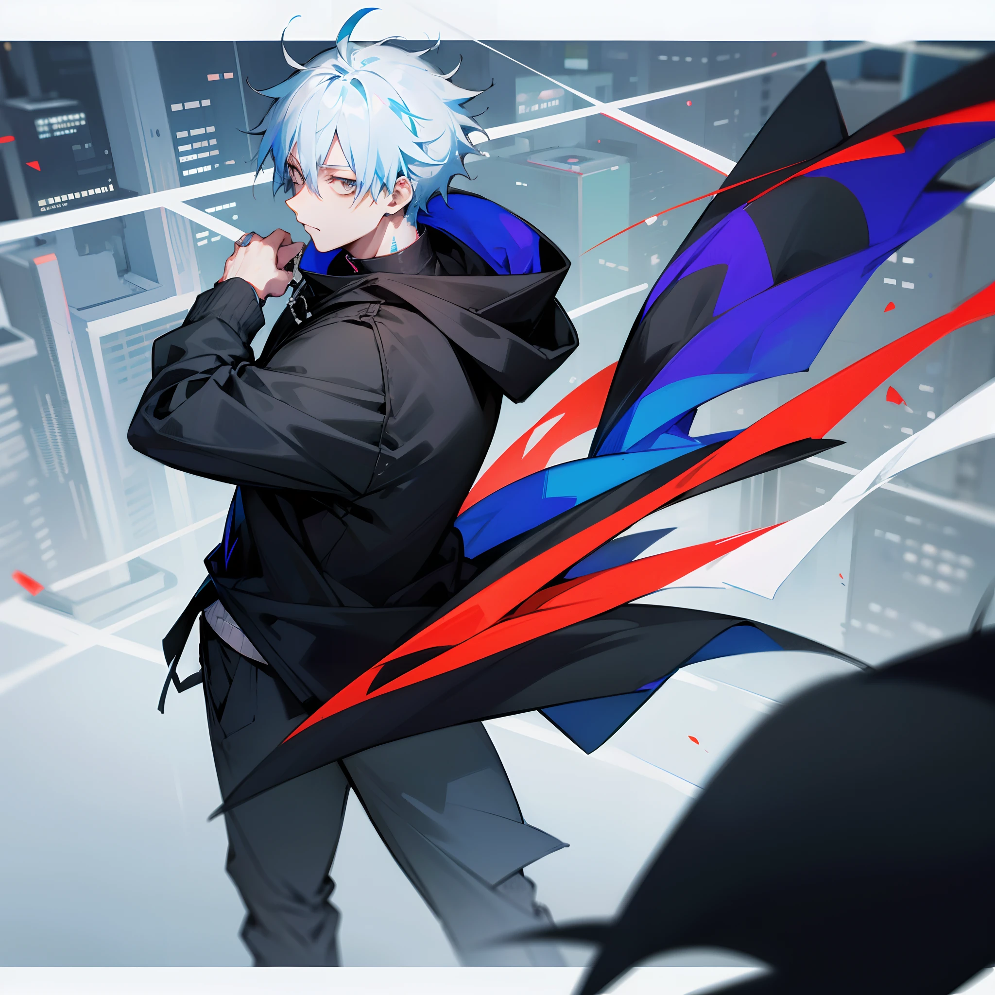 Jujutsu Kaisen ,multicolored hair, blue hair , white hair , loose fitting black hoody jacket , city , 1male , medium length hair ,