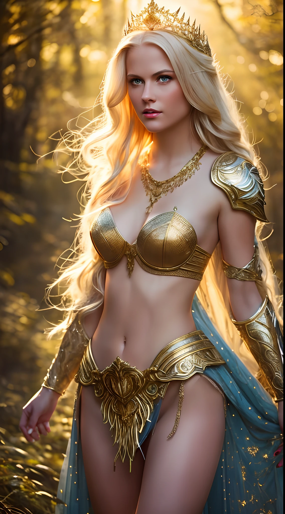 full body, sexy, bobshell, A princess, adorned in gold, wearing knight's armor, standing in a romantic forest on a misty moonlit night, looking scared. She has very long blonde hair, blue eyes, full red lips, brown skin, ultra - realistic skin texture, sensual figure, and sensual gaze. The scene is depicted in an ultra - detailed, photorealistic, film - like manner, with an ethereal glow of light