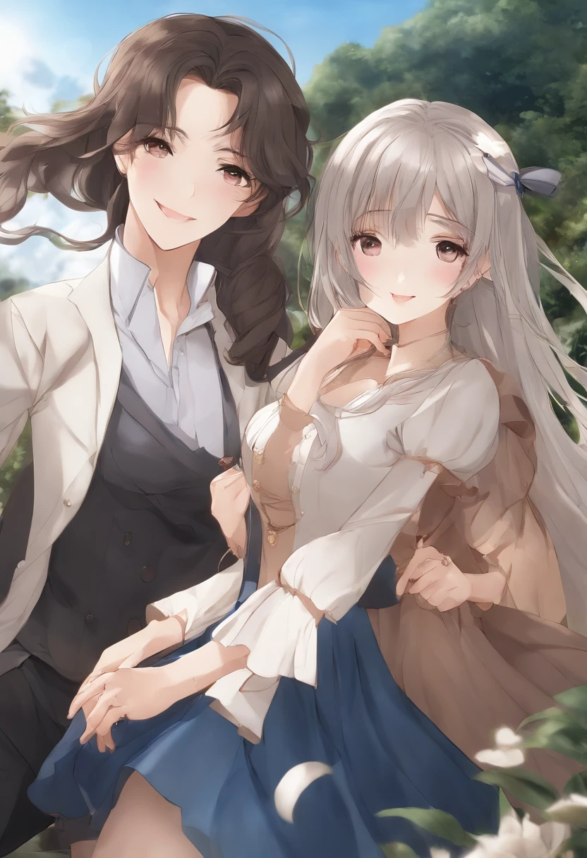 (best quality,anime,ultra-detailed,portrait:1.2),(two,other),(mature women,mature ladies,mature females),adult,significant height difference,distinct fashion styles,different colors,casual clothing,long-sleeved,fascinating smile,joyful,affectionate,whirling wind,azure sky,long-haired man,light brown-haired man,black-haired woman,another black-haired woman