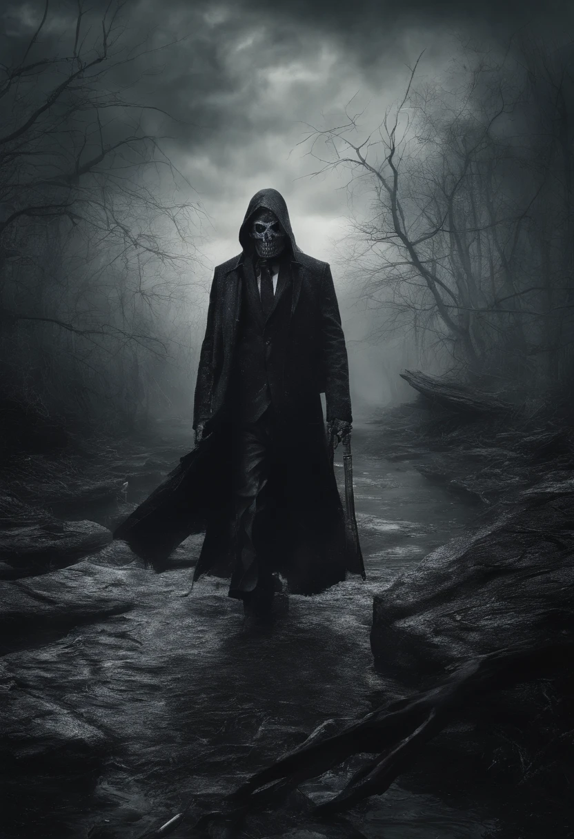 Blood Sea style(Fidelity,Fidelity:1.4),a pregirl,Solo,Red eyes,Purple hair,are standing,In the forest,leaning down,Reached(angry look:1.4),gritting teeth,white shirt,collared shir,black necktie,Black pants,longer sleeves,Black coat,Expose the collarbone,Behind you are the flames and the ruins of the Red Sea