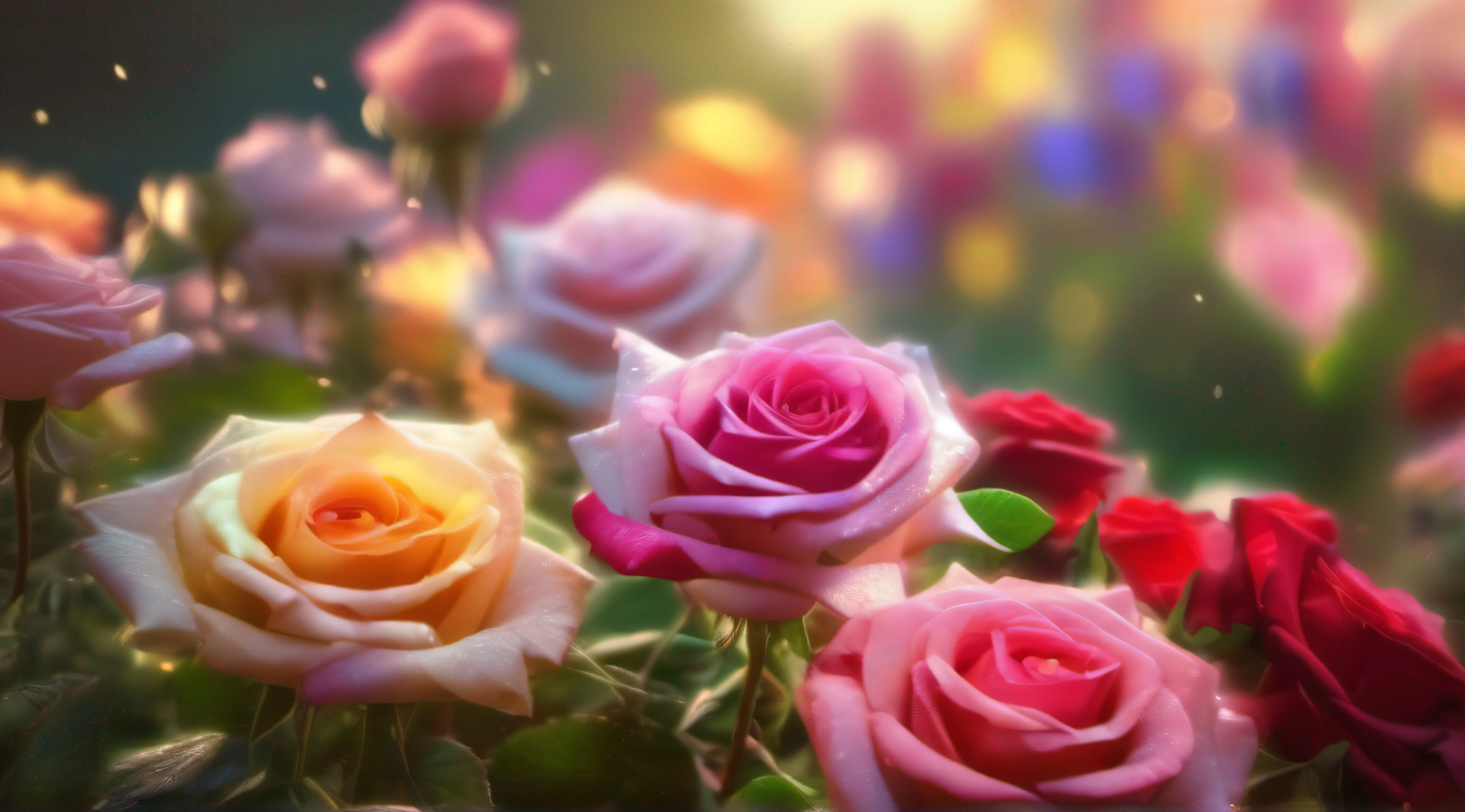 Many different color rose flowers in the garden and sunlight with bokeh, dew drops on flower petals (masterpiece, ultra quality, high resolution, 8k, intricate: 1.2), (masterpiece), (best quality:1)
