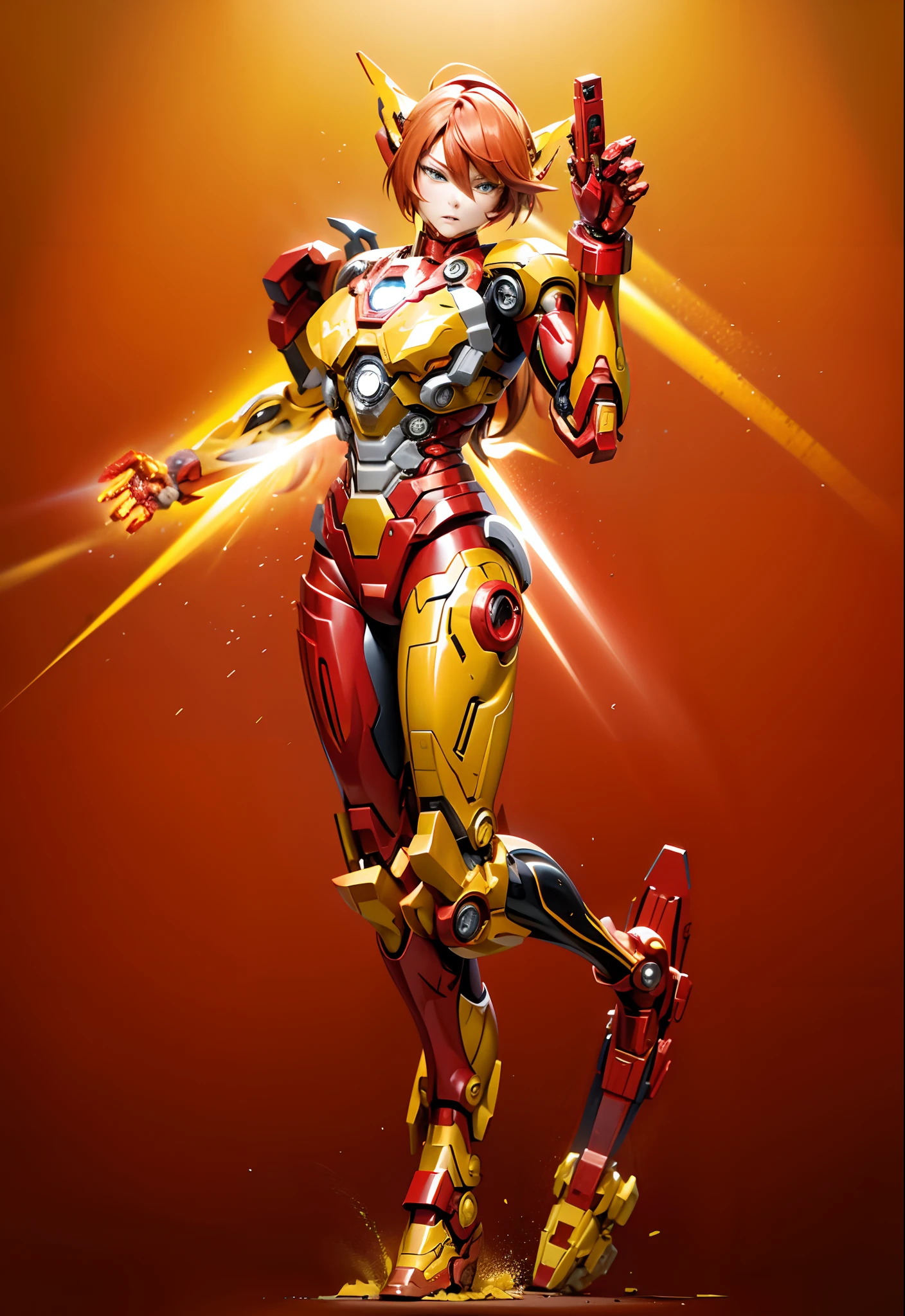 Alaf in a yellow and red suit with a gun, full body zenkai! asuka suit, wearing red and yellow hero suit, battle damaged iron man suit, like ironman, gynoid cyborg body, cyberpunk iron man, pvc poseable, Asuka, biomechanical oppai, superior iron man, Full Body 1 / 6 nihei tsutomu