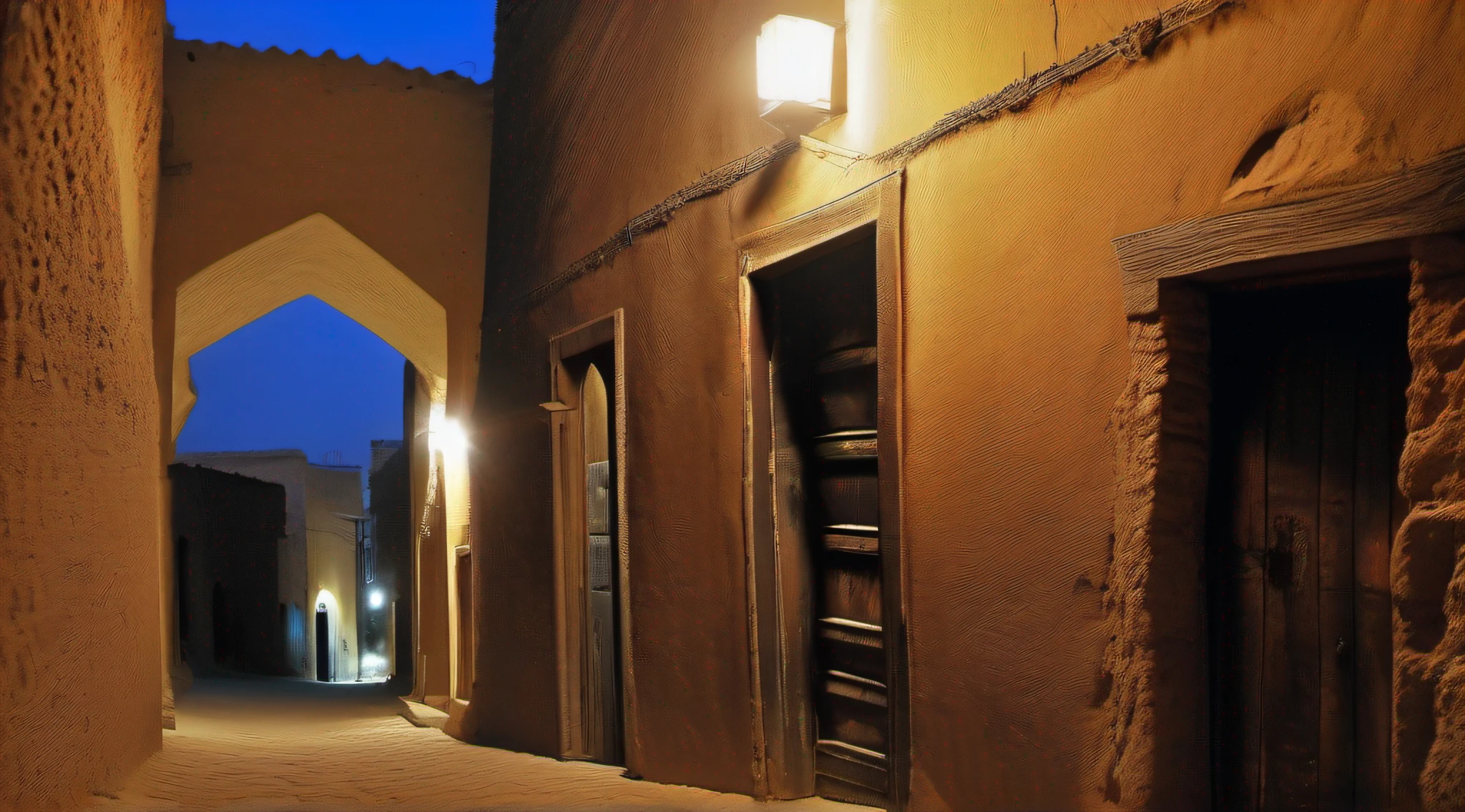 A narrow alley of the ancient city of Timbuktu at night.. deserto, nessuna persona, luce notturna blu, fiammelle accese alle finestre case con antichi portoni in legno. lens 35mm f:11