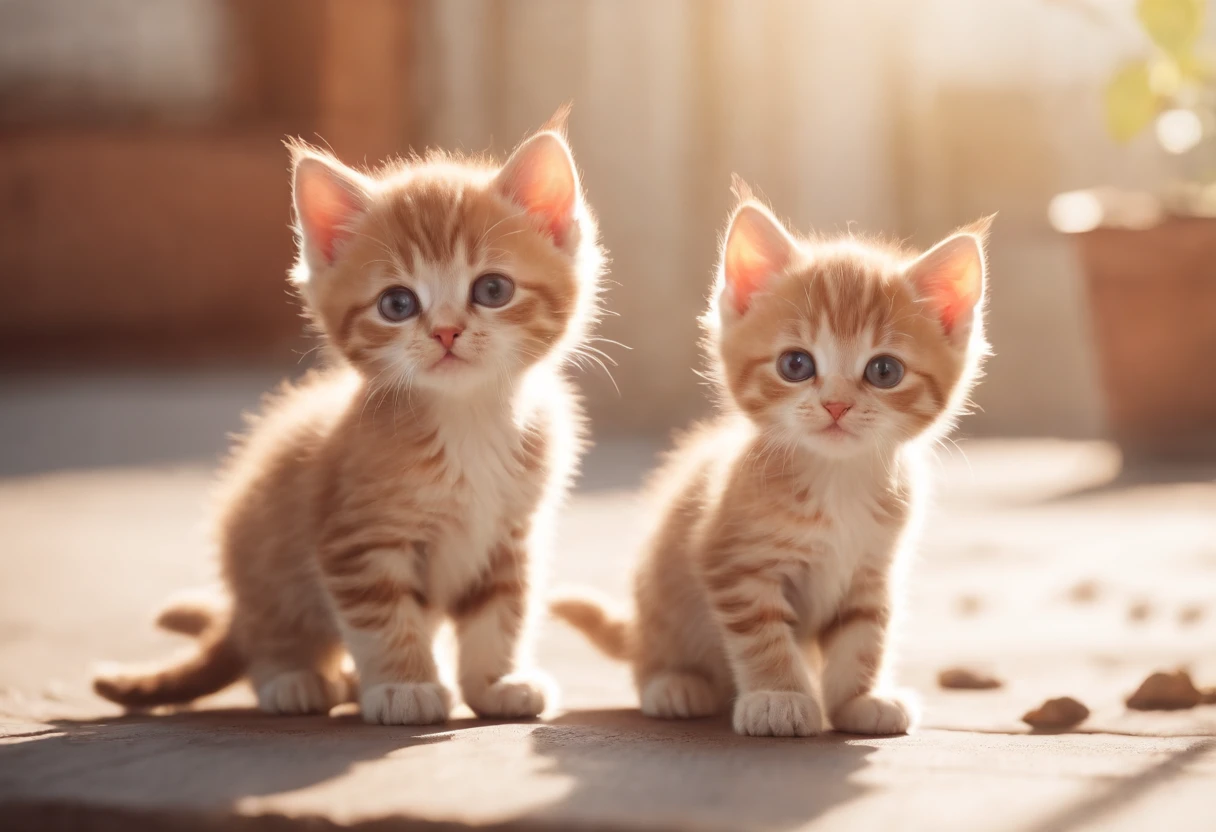 Two cute happy kittens playing in morning light, Pixar, Adorable