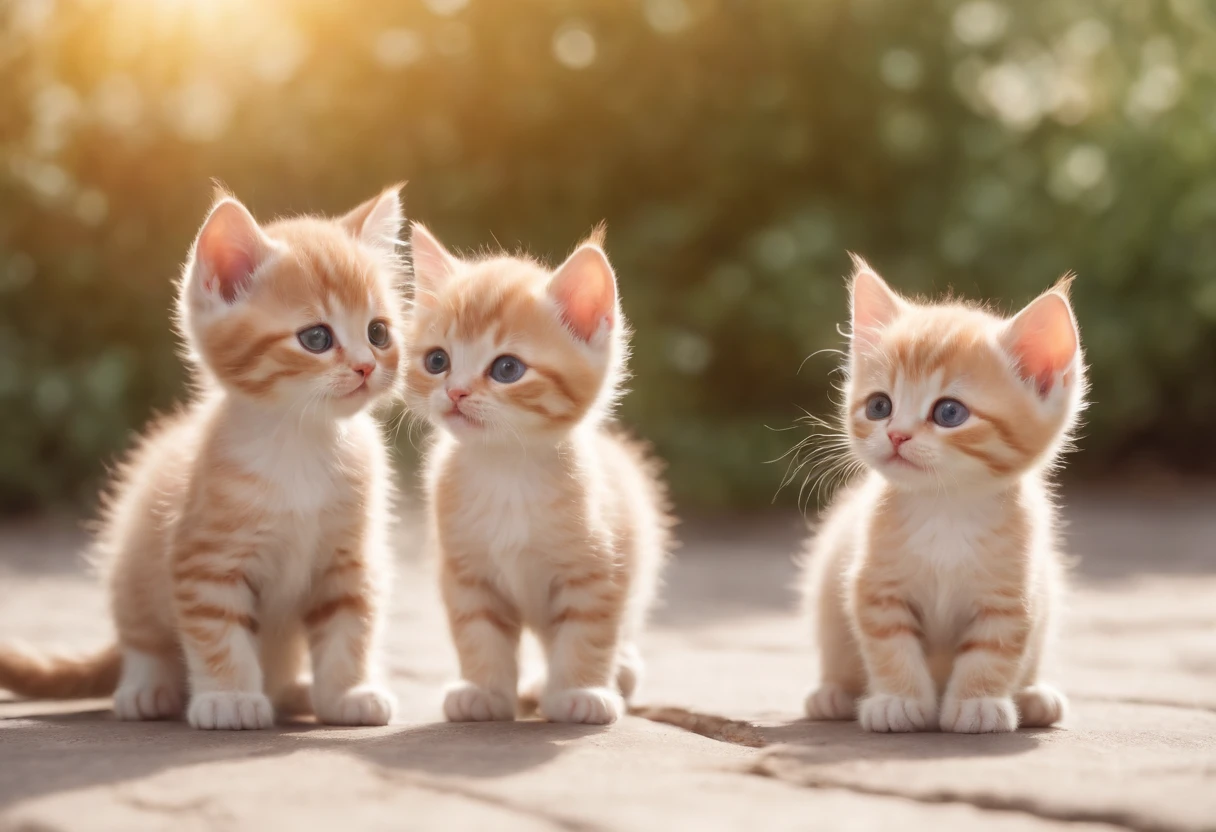 Two cute happy kittens playing in morning light, Pixar, Adorable