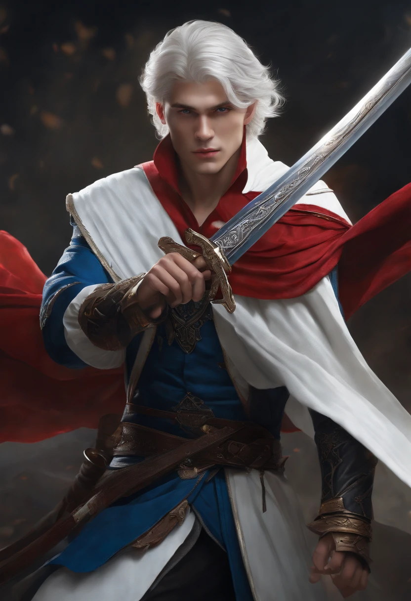 (best quality,4k,8k,highres,masterpiece:1.2),ultra-detailed,realistic,portrait,painting,white-haired young man,blue eyes,no beard,black jacket,red sword,blue sword
