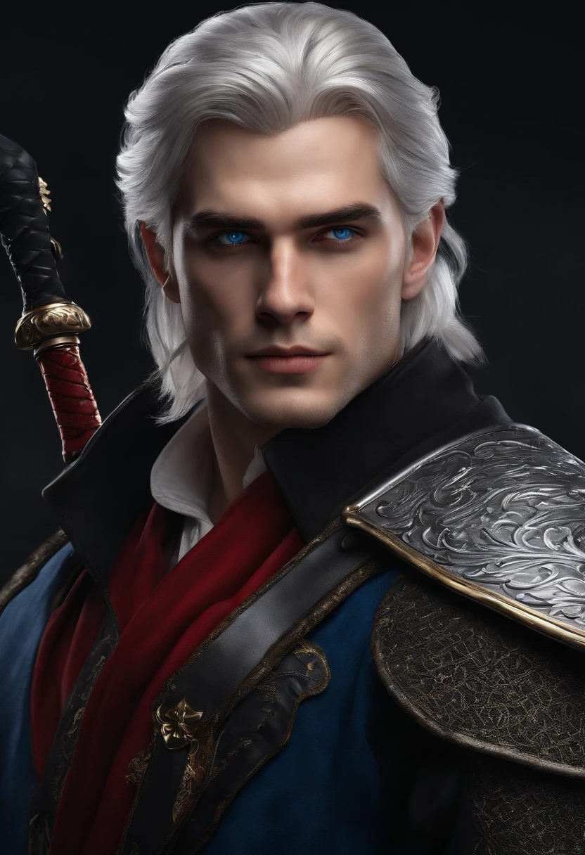 (best quality,4k,8k,highres,masterpiece:1.2),ultra-detailed,realistic,portrait,painting,white-haired young man,blue eyes,no beard,black jacket,red sword,blue sword