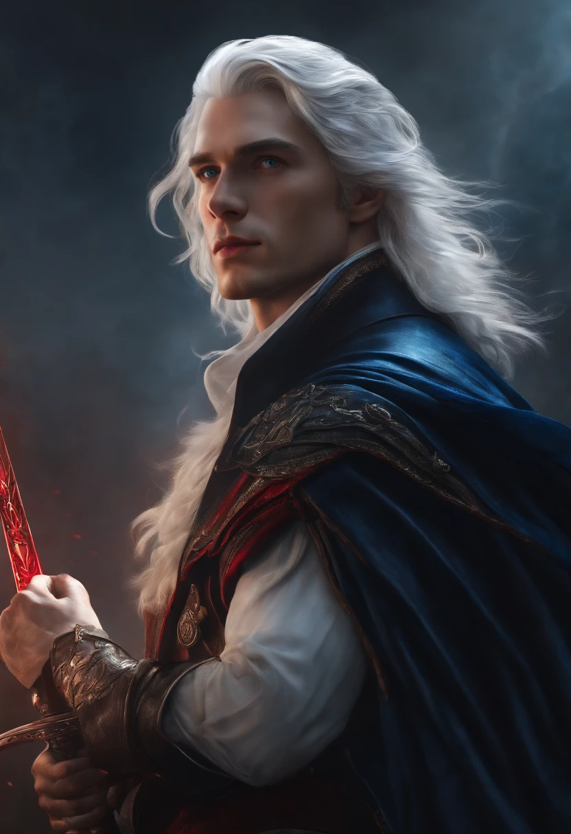(best quality,4k,8k,highres,masterpiece:1.2),ultra-detailed,realistic,portrait,painting,white-haired young man,blue eyes,no beard,black jacket,red sword,blue sword