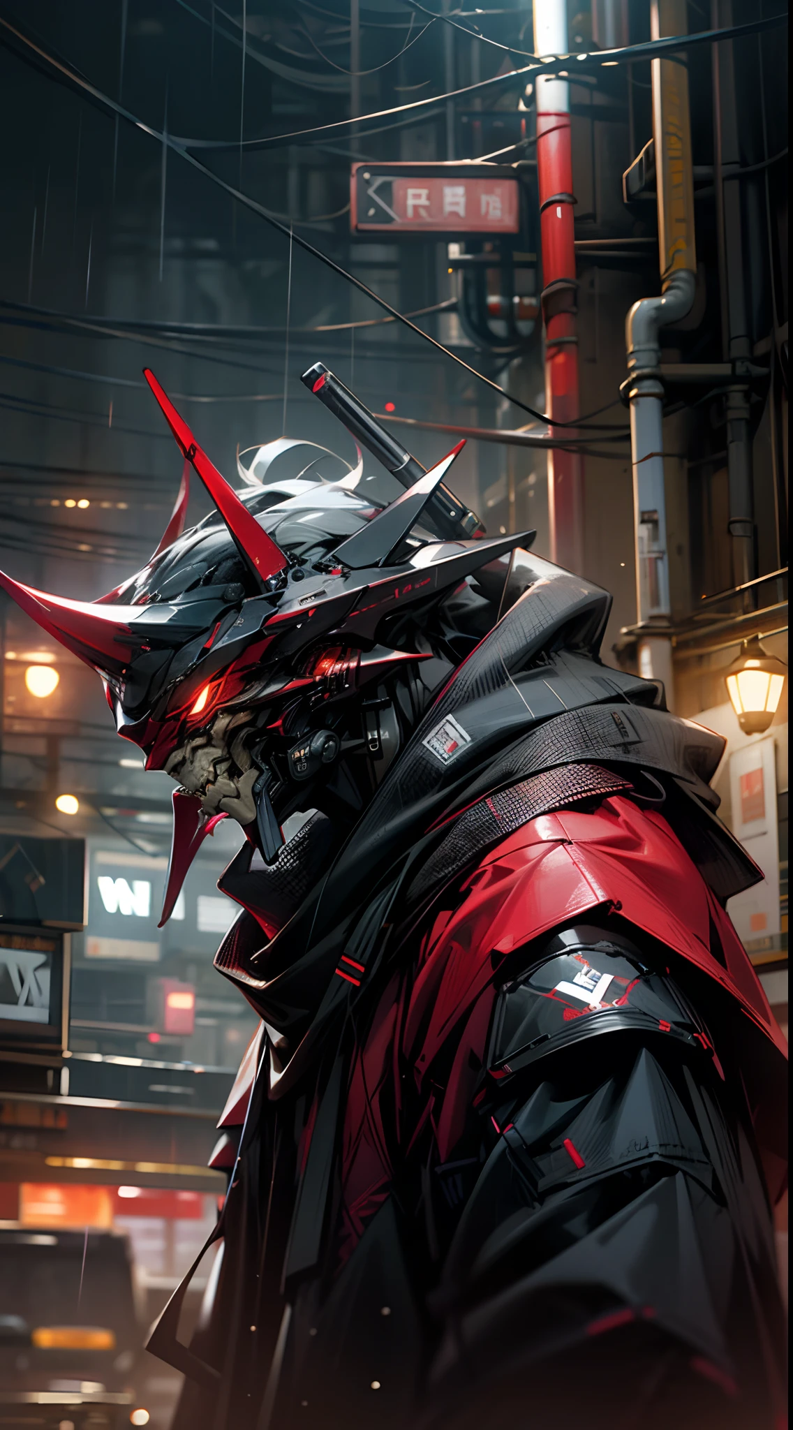 A cyberpunk samurai in cyber City Street,rain,night, crimson theme,demon mask, futuristic,sci fi