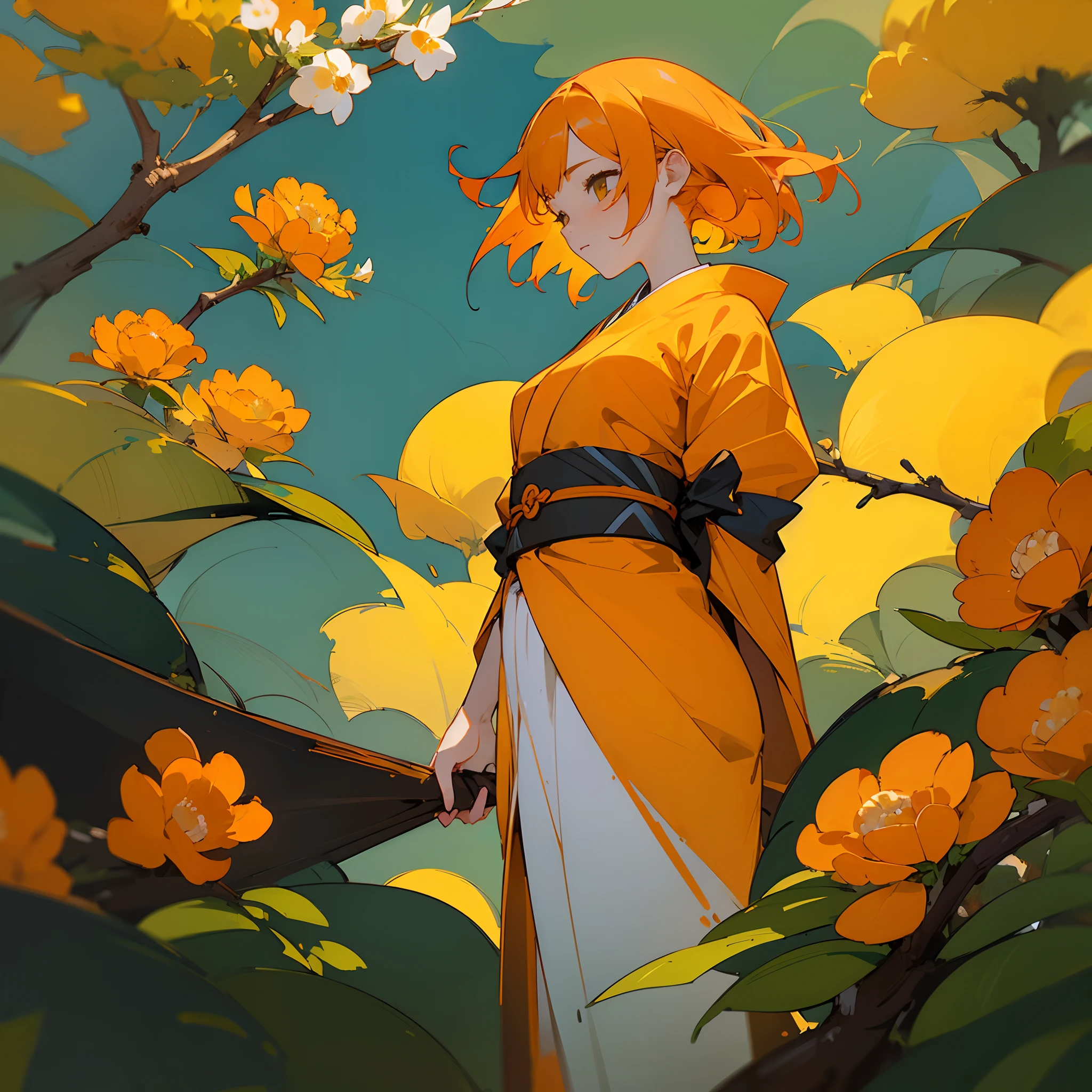 (Beautifully Aesthetic:1.2)、(1girl in:1.3)、(Orange and yellow colorful hair:1.2)、Wearing orange and yellow colorful kimono、Osmanthus flower、First love、Top image quality、Landscape painting、