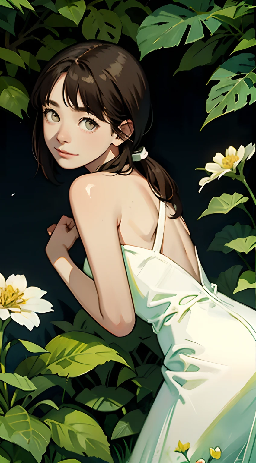 (hyper HD),( ultra - detailed),beautiful flowers,berries,fern,Foliage,Watercolor pattern in calm colors),(Watercolor texture), (The background is surrounded by flowers in the jungle),(girl with fair skin),(Gentle girl),(white dresses),(Brown eyes, Brown hair)、(With a ponytail),(Look back and smile)
