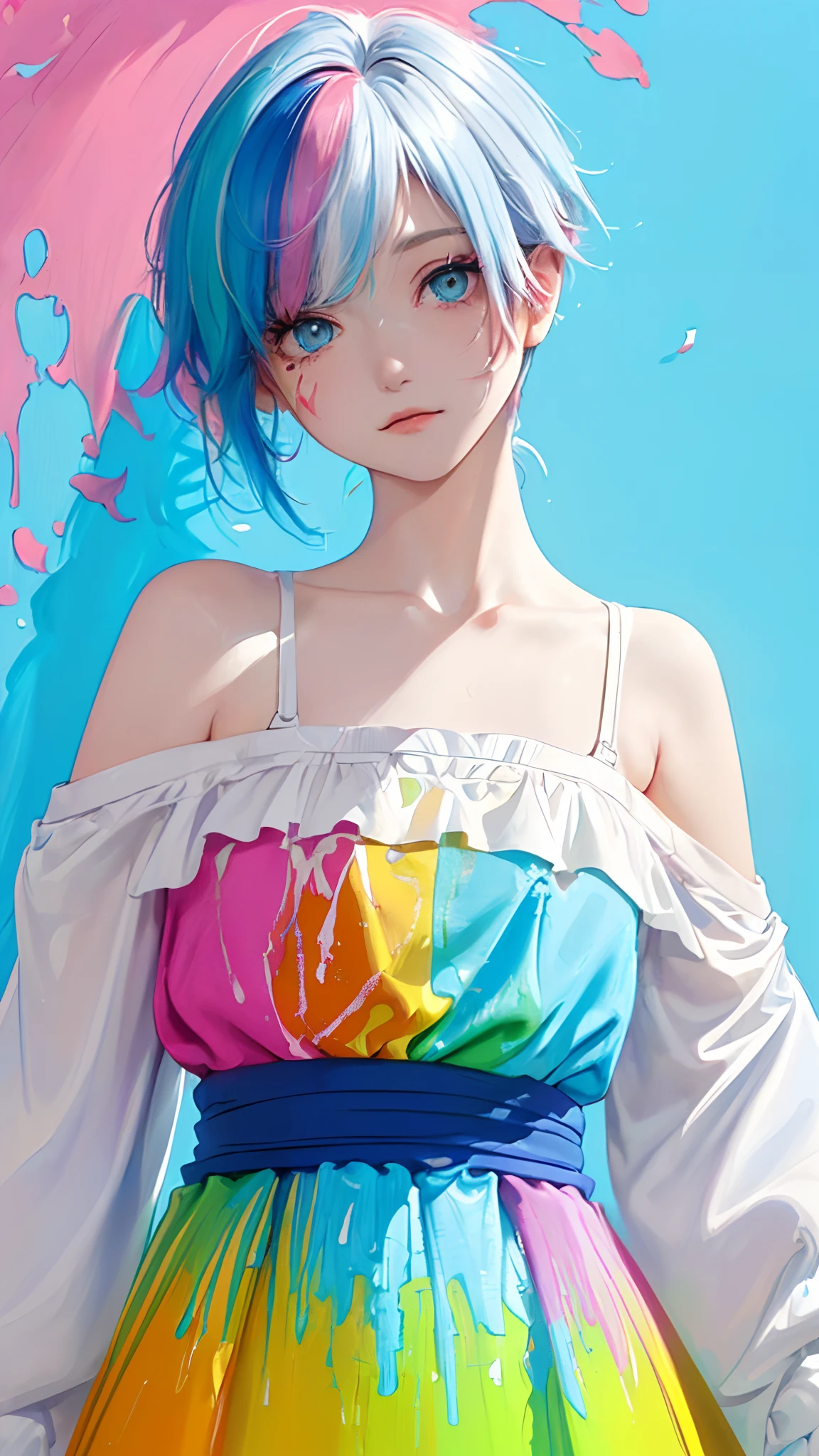 (Pink Fashion T-shirt:1.9),(Colorful hair: 1.8), (all the colours of the rainbow: 1.8),(((((vertical painting:1.6))), (painting:1.6),front, comics, illustrations, paintings, large eyes, crystal clear eyes,( rainbow color gradient high ponytail:1.7), exquisite makeup, closed mouth,(Small Fresh: 1.5),(Wipe Chest: 1.6) ,long eyelashes, white off shoulder T-shirt, White Shoulder Shirt,looking at the audience, large watery eyes, (rainbow colored hair:1.6), color splash, (solo:1.8), color splash, color explosion, thick paint style, messy lines, ((shining)),(colorful), (colorful), (colorful), colorful, Thick Paint Style, (Splash) (Color Splash), Vertical Painting, Upper Body, Paint Splash, Acrylic Pigment, Gradient, Paint, Highest Image Quality, Highest Quality, Masterpiece, Solo, Depth of Field, Face Paint, colorful clothes, (Elegant: 1.2), gorgeous,long hair, wind, (Elegant: 1.3), (Petals: 1.4),(((masterpiece))),(((best quality))),((ultra-detailed)),(illustration),(dynamic angle),((floating)),(paint),((disheveled hair)),(solo),(1girl) , (((detailed anima face))),((beautiful detailed face)),collar,bare shoulders,blue hair, ((colorful hair)),((streaked hair)),beautiful detailed eyes,(Gradient color eyes),(((colorful eyes))),(((colorful background))),(((high saturation))),(((surrounded by colorful splashes))),