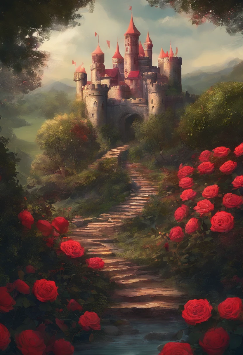 Castelo de tijolos vermelho, com um jardim de rosas-vermelhas e brancas, ao fundo um labirinto com rosas-vermelhas e brancas, caminho de tijolos carmesin, guardas ao redor deste caminho usando armaduras brancas e vermelhas