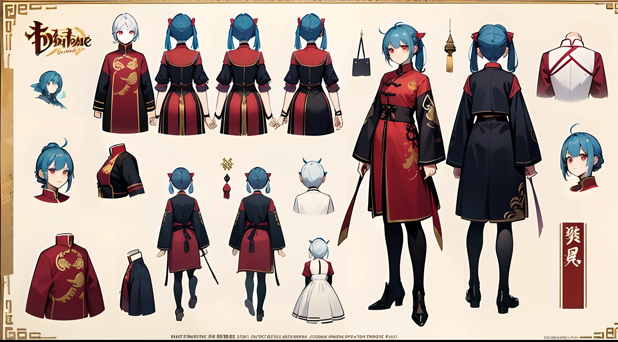 ((tmasterpiece)),(((best qualtiy))),(CharacterDesignSheet,Same role,frontage,Lateral face,on back),1 Red Devils,独奏,White double ponytail hair,blue hair,Red eyes,tmasterpiece,best qualtiy,looking around a corner,full bodyesbian,Height 160cm,A detailed,ssmile,Chinese-style clothing,nipple tassels,Bells as accessories,adolable,concept-art,concept art of character,Character sketches,reference sheet,Role table,(simplebackground,white backgrounid: 1.3)