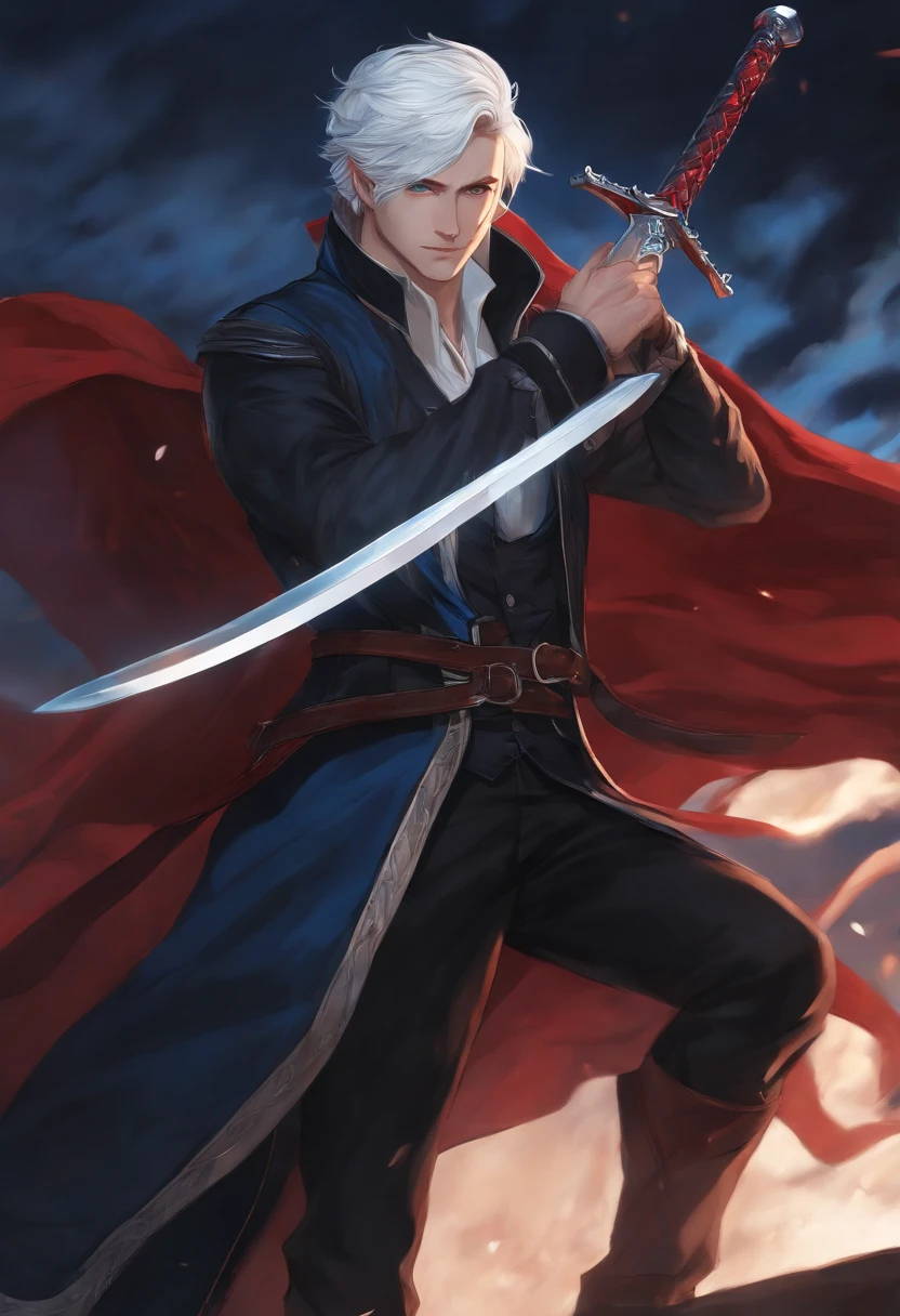 (best quality,highres,ultra-detailed:1.2),anime style drawing of a young white-haired and blue-eyed man without a beard, wielding a red and a blue sword, dressed in a black jacket.