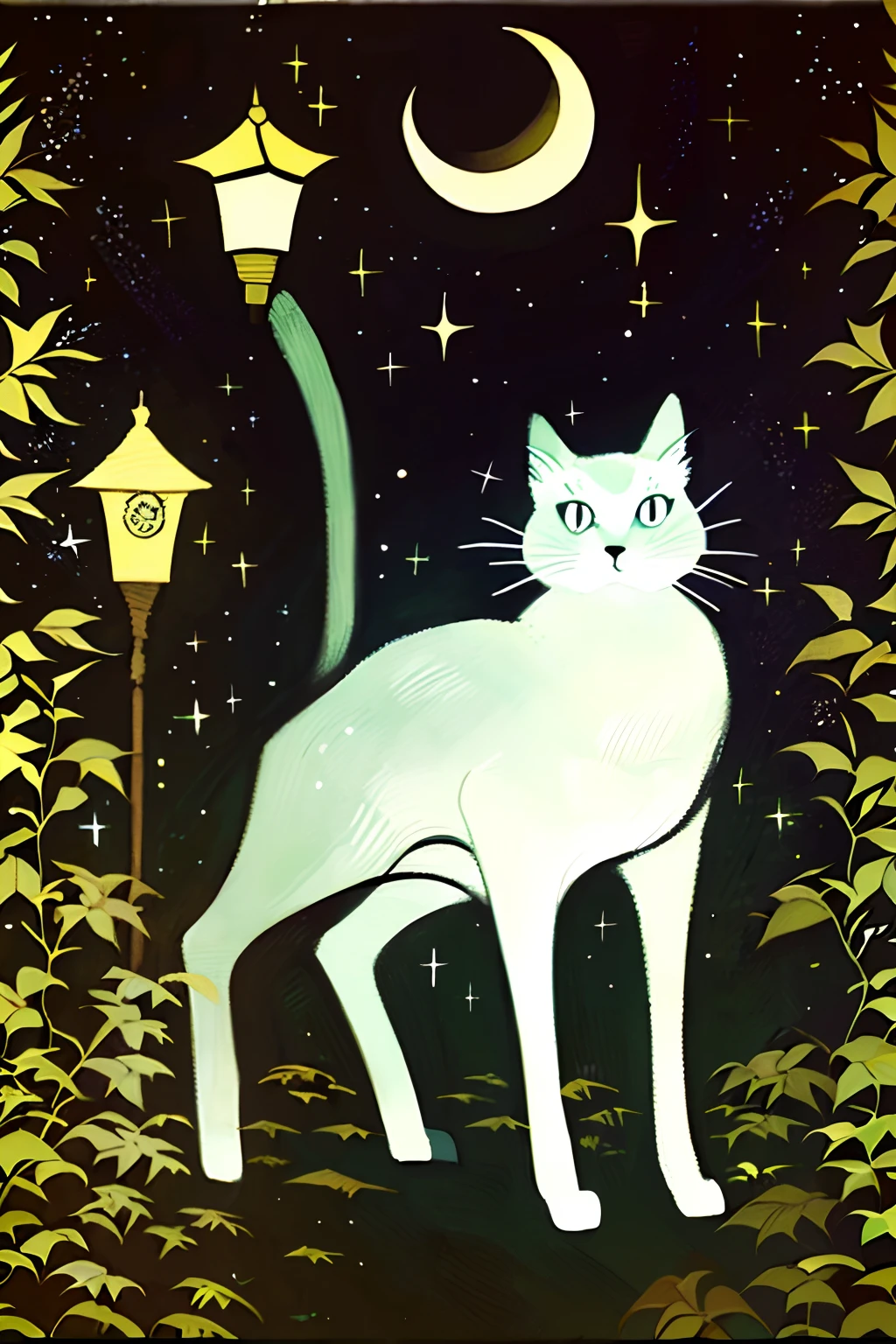 (Painting,Geometry),natta,One road,Lined with street lamps,A cat on the way(Masterpiece,Detailed,A high resolution:1.4)