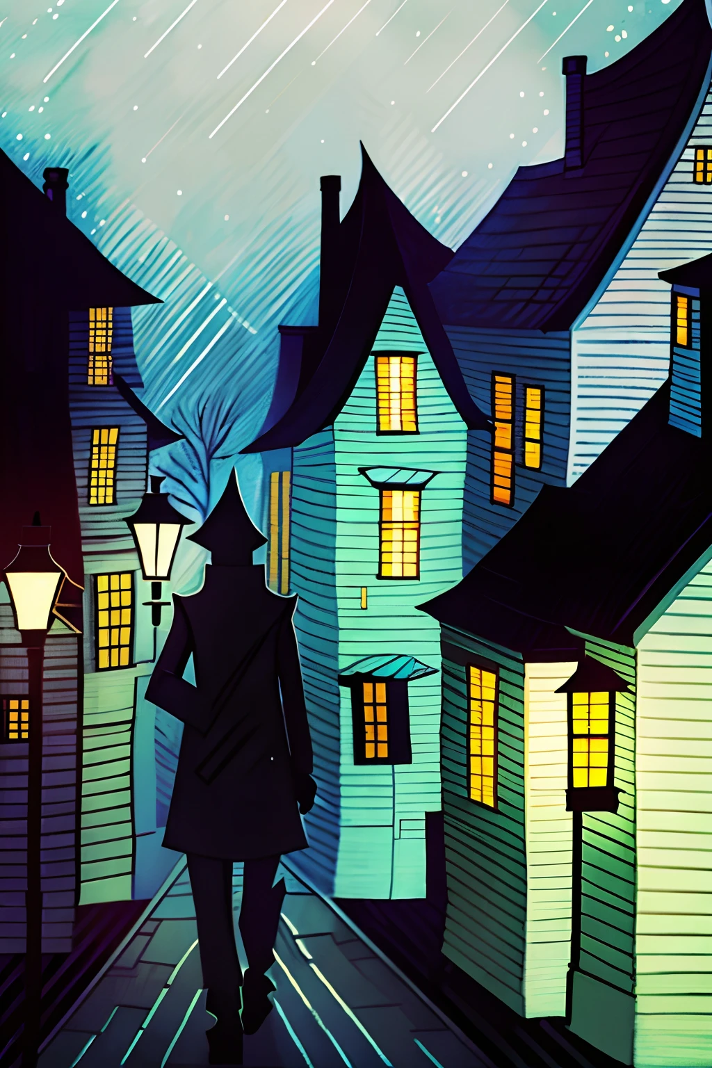 (Painting,Geometry),natta，raining day，of a guy(Back Shadow)Walk on the road with an umbrella，The road is lined with street lamps and buildings(Masterpiece,Detailed,A high resolution:1.4)