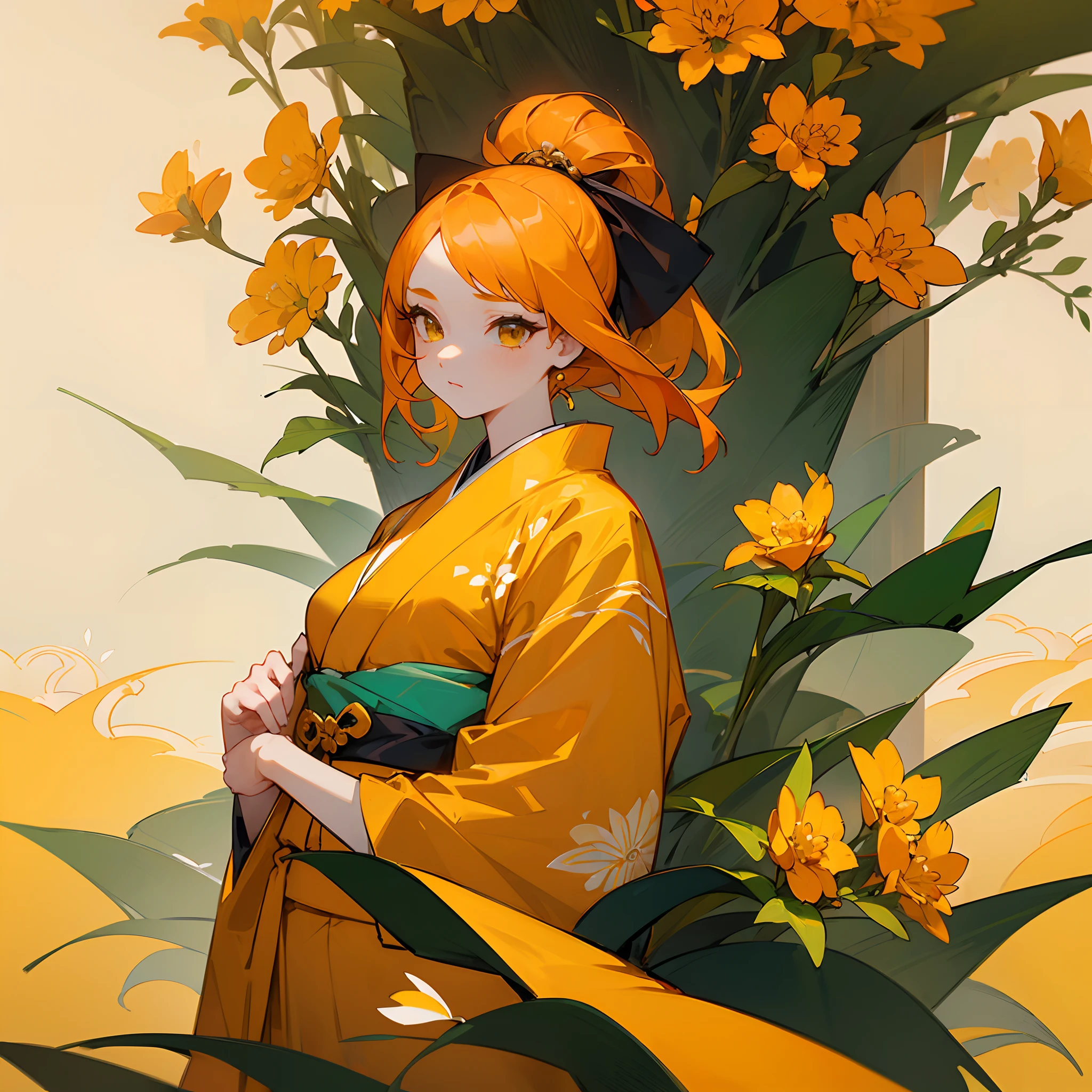 (Beautifully Aesthetic:1.2)、(1girl in:1.3)、(Orange and yellow colorful hair:1.2)、Wearing orange and yellow colorful kimono、Osmanthus flower、Top image quality、