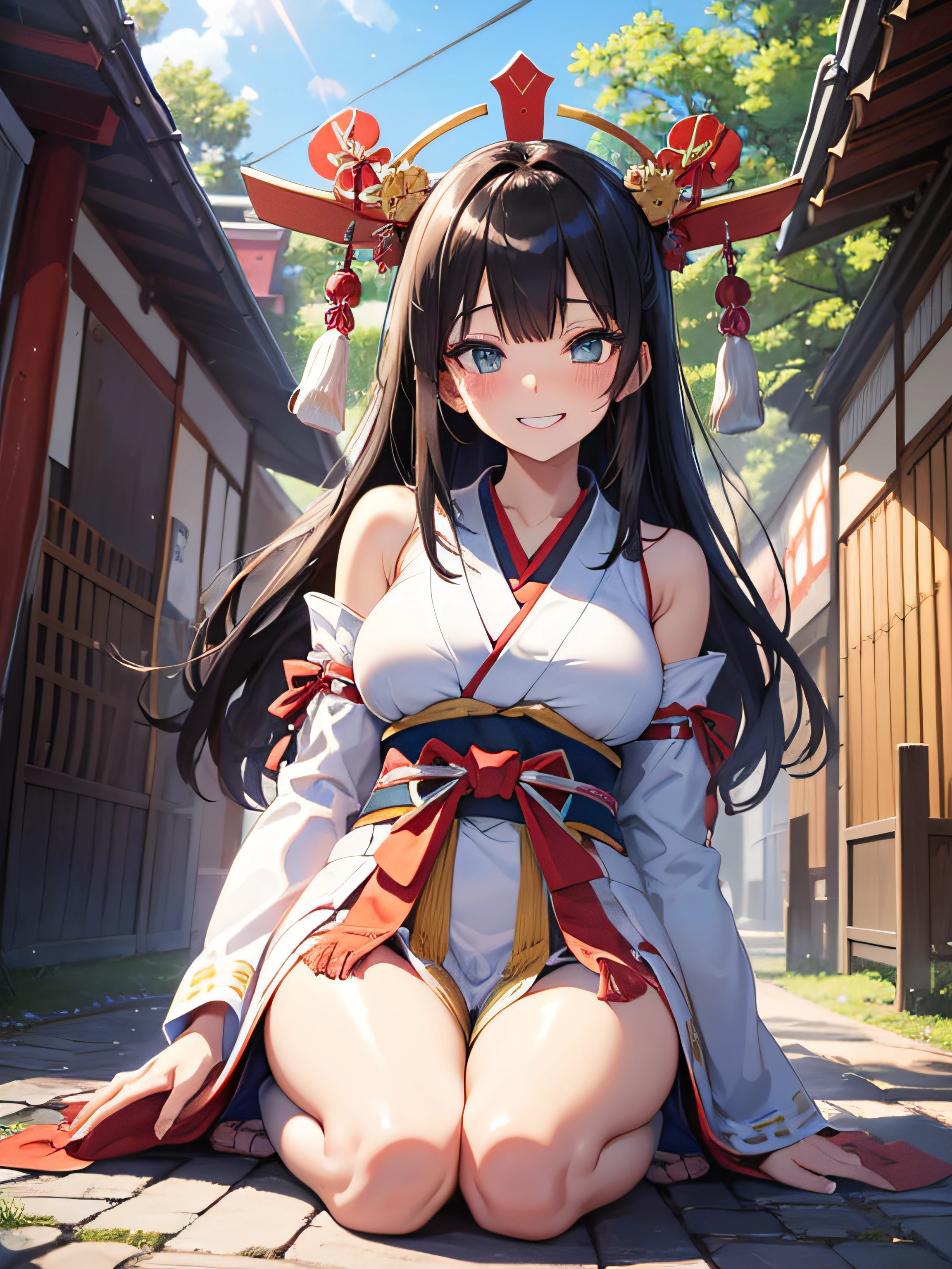 ((masutepiece)), ((Best Quality)), (Ultra-detailed), ((kawaii)), Cute, (lovely), ((Sexy)), (Ero), ((Extremely detailed)), 4K, (8K), Best Quality, (Beautiful), Illustration, Anime style, Painting, Dynamic Angle, Full body, full body Esbian, Angle looking up from below, (Shrine of Japan), (Sit in the precincts), Open your legs, Gradation, full body focus, Dim Shrine, e litrl s, 1girl in, Solo, shrine maiden, Beautiful black hair, Randomly selected beautiful colored eyes, ((Beautiful eyes)), White-skinned, Randomly selected hairstyles, Buttocks, Big breasts that are about to burst, Smirk, grin, (blush), sparkling effect, Lens Flare, shiny-glistening, gleaming