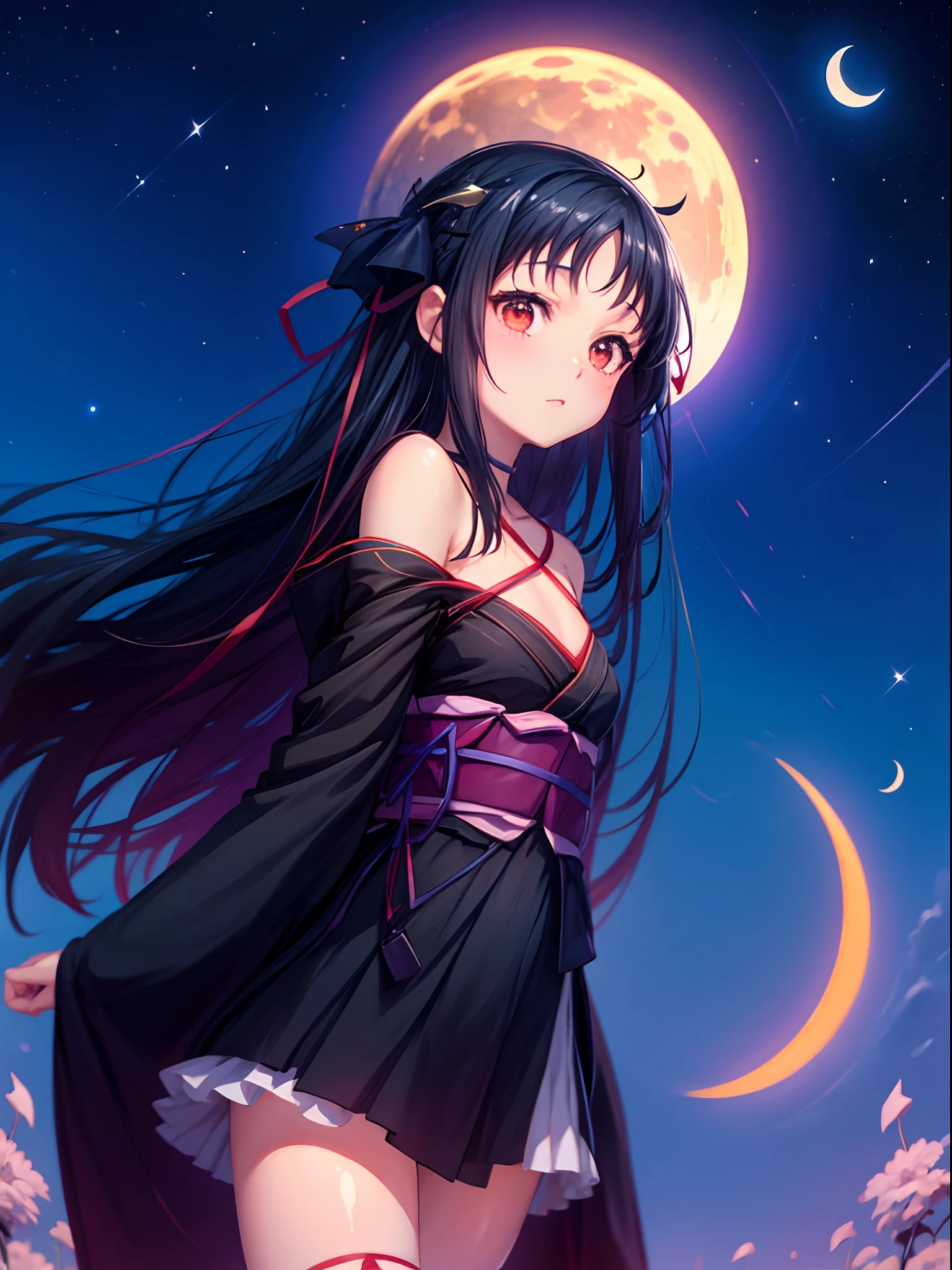 1girl, album_cover, black_hair, cloud, constellation, crescent_moon, earth_(planet), full_moon, galaxy, milky_way, moon, moonlight, night, night_sky, planet, red_moon, ribbon, shooting_star, sky, solo, space, star_(sky), starry_sky, starry_sky_print, tanabata