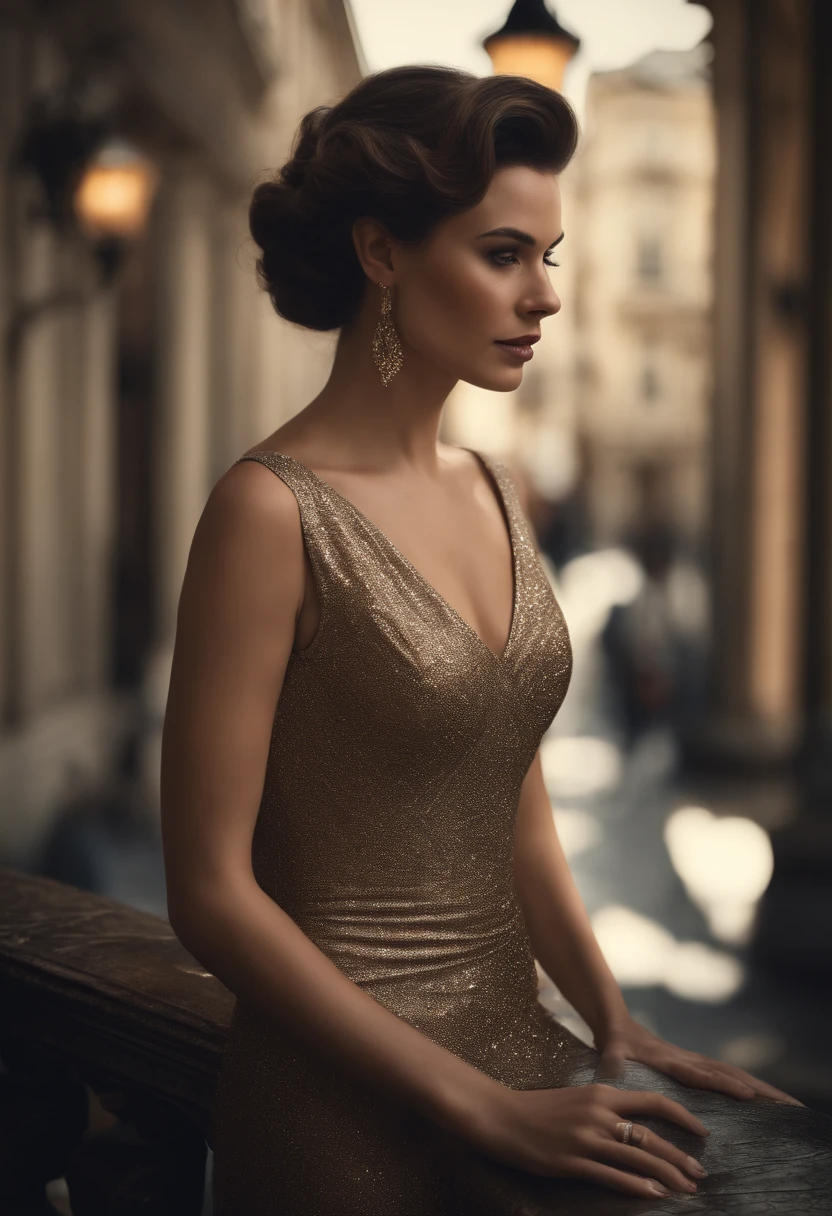 Retrato de uma mulher linda atraente, usando um vestido decotado, seios fartos, inspirada em "Selina Kyle", trending on art station, , detailed hyper-realistic rendering, estilo de rua, Pose intimidadora, roupas com moda,