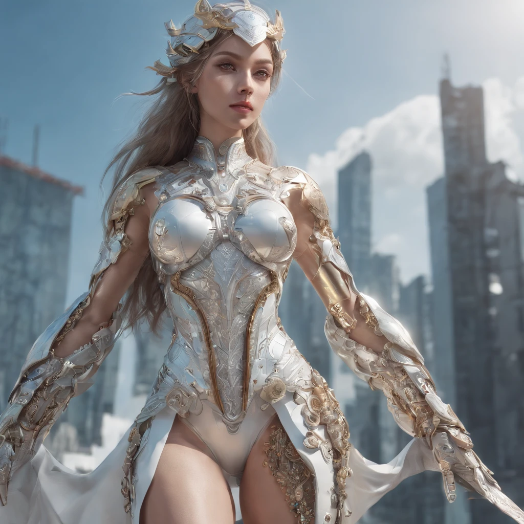 (best quality ),(masterpiece),(ultra detailed), ultra high res, (super fine illustration),A style that predicts the future of the city, silver costumes and spacesuit-like designs.
Stand on the rooftop of a futuristic city like an adventurer exploring the unknown future.
A pose that expresses future possibilities and adventure.  , (concept art by  Carne Griffiths )  ,stunningly noble, stunningly beautiful ,absurdres,3d render, octane render, approaching perfection , highly detailed holy clothes ,intricately detailed  ,8 life size ,muscular body ,thicc body ,perfect  ,well groomed face ,highly detailed beautiful hair , highly detailed hairstyle, symmetrical and balanced, beautiful gradient , sharp focus, 4k resolution, golden ratio, Centered image, Beautiful Composition, symmetrical and balanced,