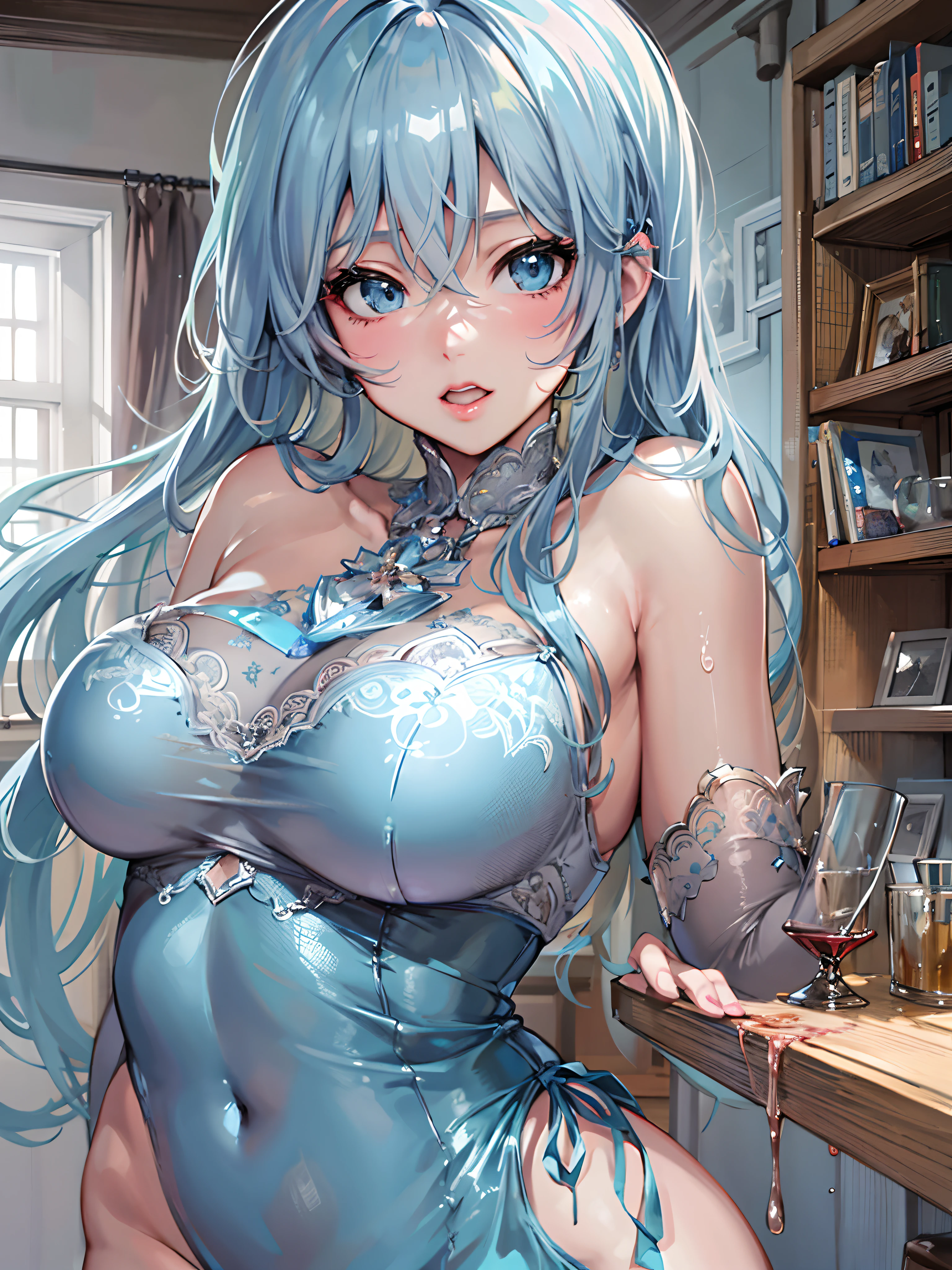 anime girl in blue lingerie with a glass of wine, seductive anime girl, detailed digital anime art, small curvy loli, [ 4 k digital art ]!!, 8k high quality detailed art, detailed anime artwork, extremely detailed artgerm, loli in dress, detailed anime art, highly detailed exquisite fanart, trending on artstation pixiv