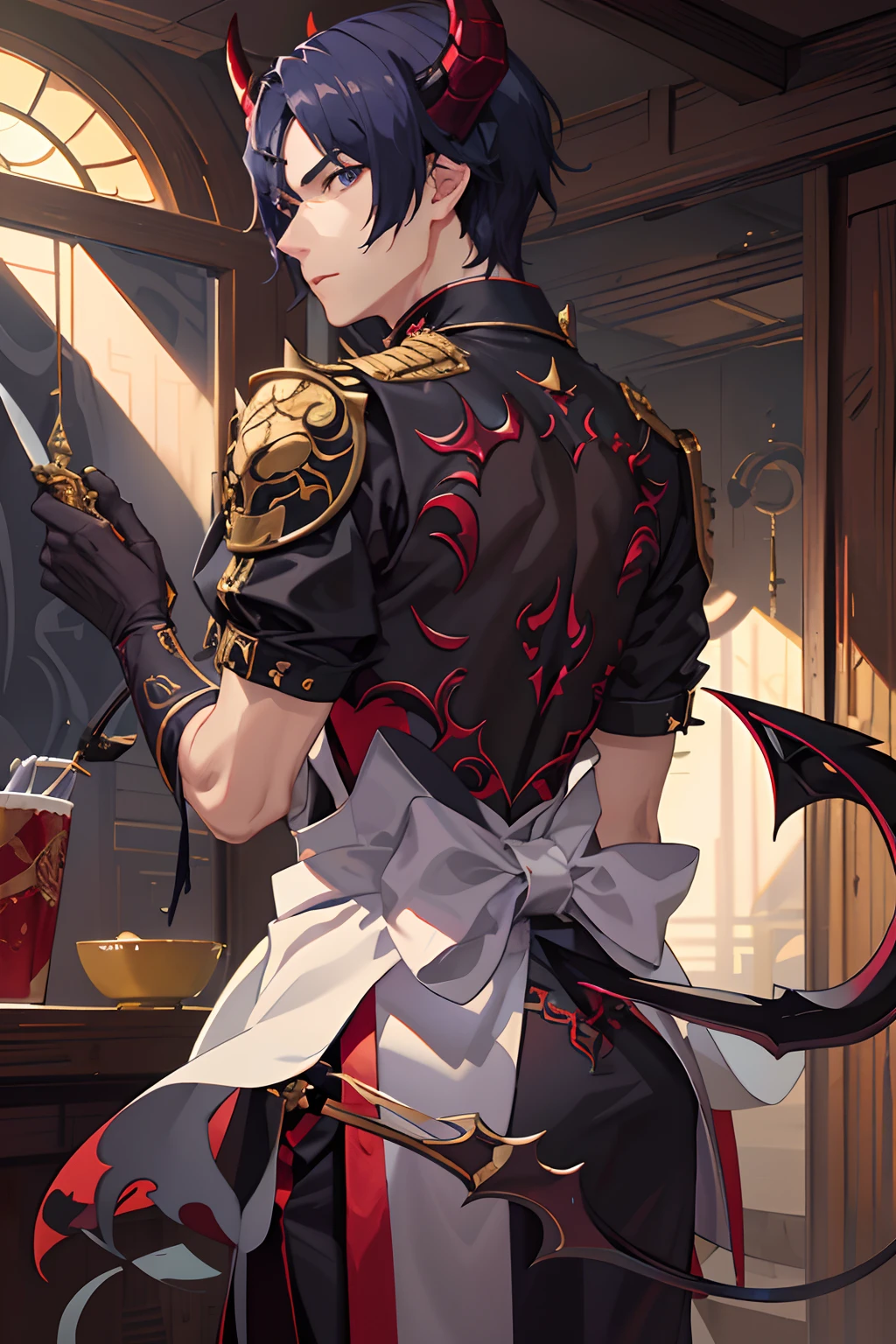anime - style image of a man with a demon costume and a knife, by Yang J, by Shitao, artwork in the style of guweiz, guweiz on pixiv artstation, kawacy, highly detailed exquisite fanart, guweiz on artstation pixiv, detailed digital anime art, guweiz, skinny male fantasy alchemist, (male), (1boy), (solo), demon tail, demon horns, back to camera, apron