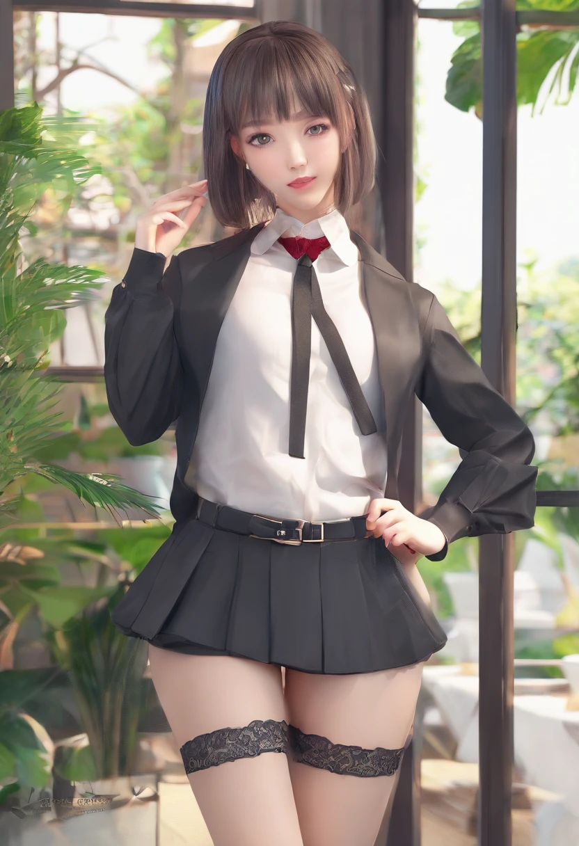 Ultra-high rendering，see-through shirts，Black mini-short hip skirt，black lence stockings，black heels，Chest propped up transparent shirt，Facial fascination，Do not wear underwear and underwear，Butt up