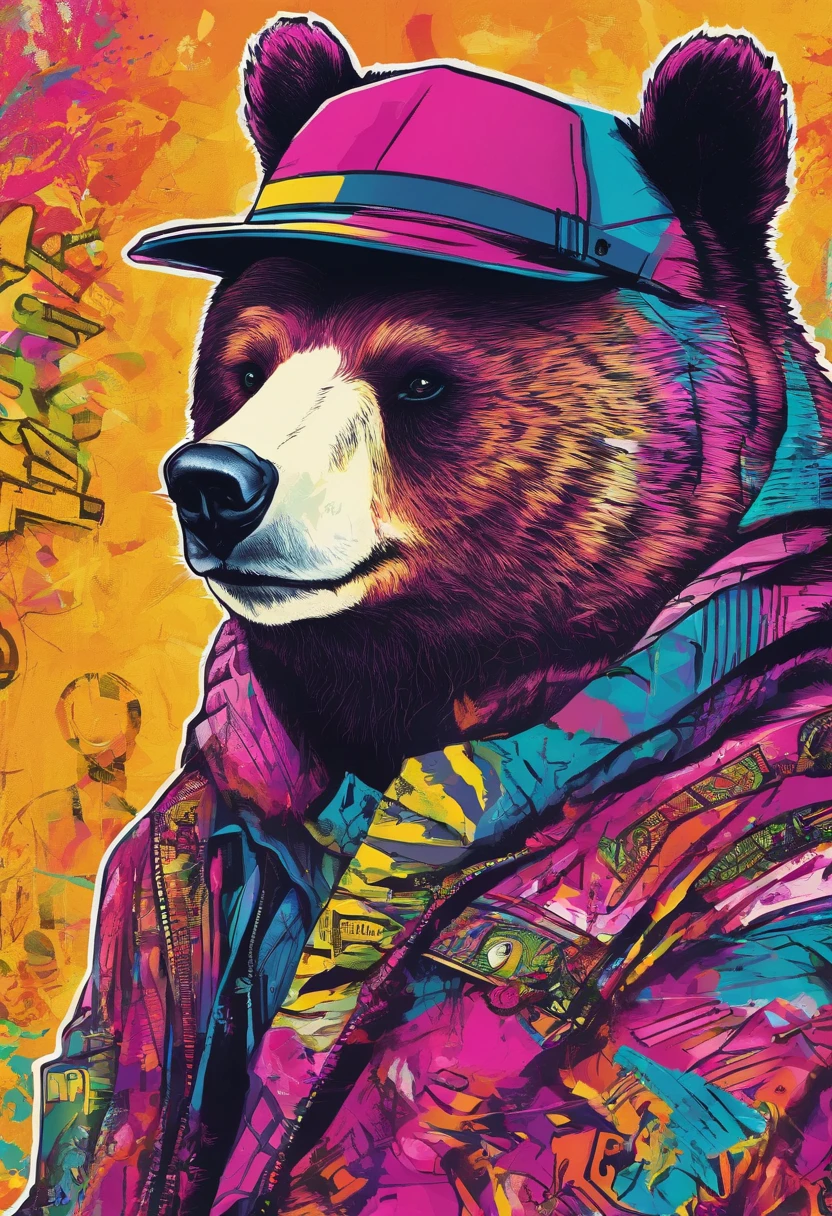 Drawing of a cool bear in a hat，Popular at Art Station，dressed in punk clothing，Detailed, hyper realistic rendering，British gang member，Street style，intimidating pose，planet of the cats，Stylish clothes，urbansamurai，mewtwo，West Slavic traits，8 1 5，animate