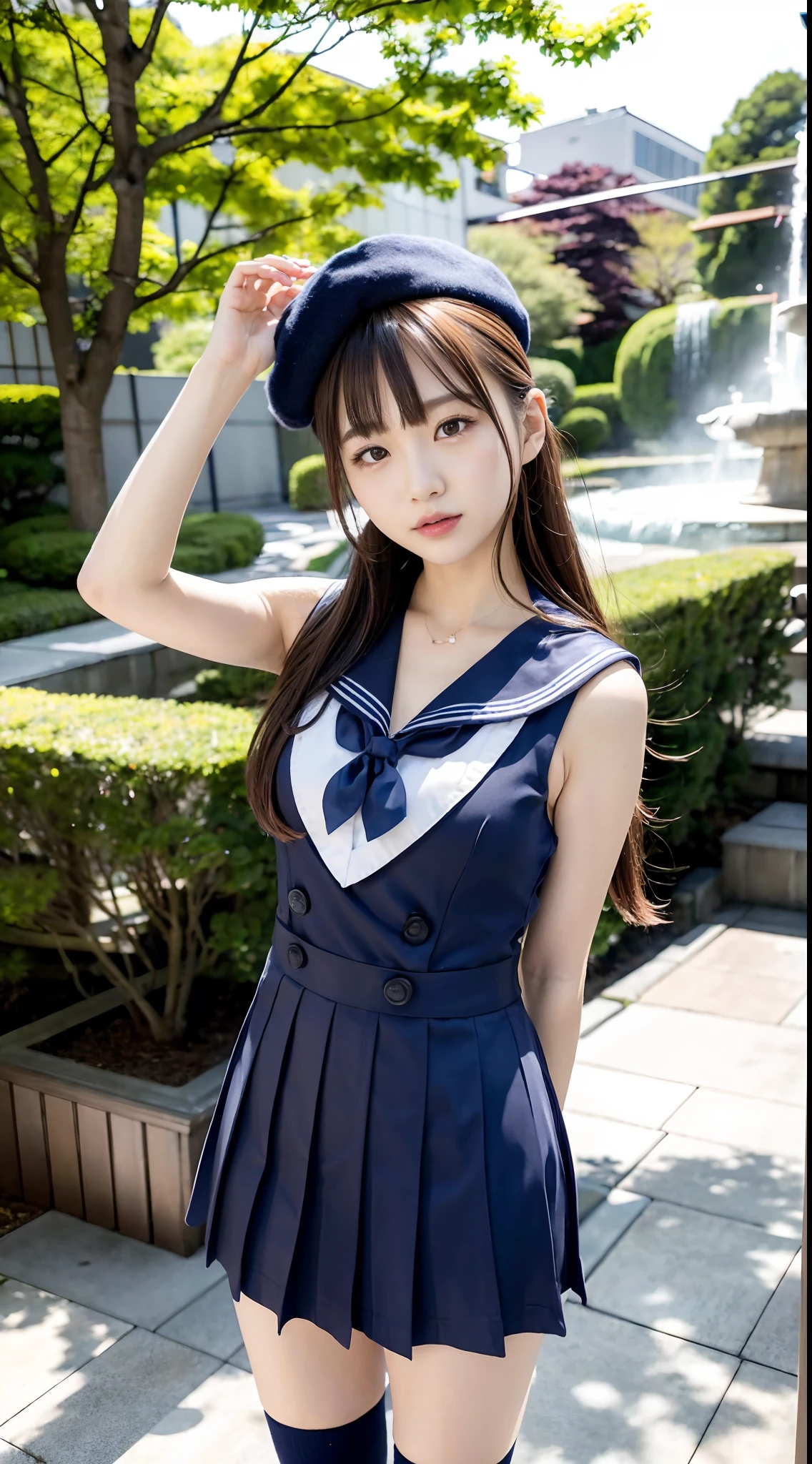 mix4, (16 K, Raw photography, Top image quality, masterpiece: 1.45), (realisitic, Photorealsitic: 1.37), one girls, 7.5, etc、Random hairstyle、Standing figure,Noon time slot、a very cute,a park,, profetional lighting, photon maping、physically-based renderingt, Gradient dark brown hair,, a handsome, Well-groomed and beautiful eyes、Large double eyelids、Very shiny、girl with, (((student clothes、Winter clothes、Sailor suit worn by Japan girl、Navy blue sailor color、scarf、a miniskirt, Small beret、high socks、lowfers))), Top Quality Photos, hight resolution, 1080p, (clearface), (Detailed face description), (Detailed hand description), (masterpiece), (Exquisite CG)、extreme light and shadows、dishevled hair、master work、abundant detail、(Fine facial features)、(top quality photo)、(masuter piece)、(A detailed eye)、Look in front of you、Fine clavicle、((Slender big))、(((Japan schooln sailor suit)))、((Ready Idol System))、((a park、Slide、The fountain、seesaw))、(Shooting from random perspectives)、(((neat and cute)))、耳Nipple Ring、A big smile、Drawing the whole body from the knees、Do not draw nasolabial folds、(((Cute sailor suit)))、(Big breasts that hang down big:1.2)、Big buttocks with tension、Two arms and two legs、(((from the front side:0.2)))、bare hand、No mask、