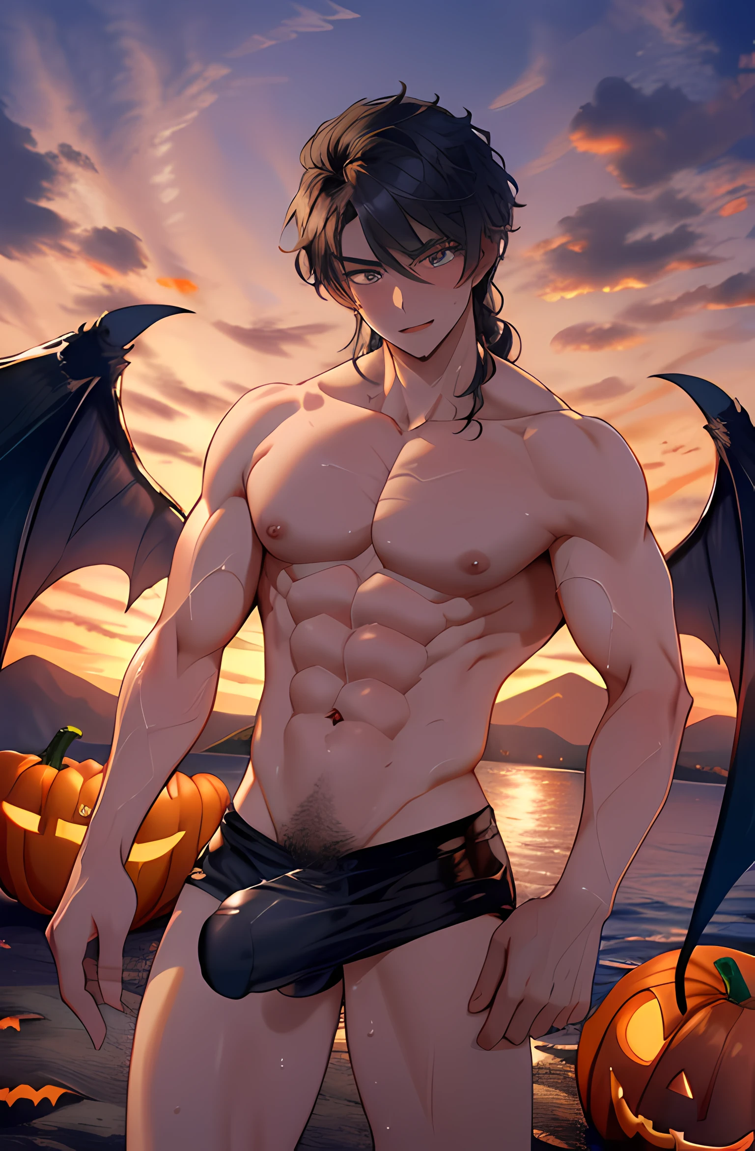 ((Best quality, 8k, Masterpiece: 1.3)), (Sharp focus: 1.2), (A naked man, subtle smile, sensual), (Full body including legs), male , defined muscles, erotic, big black angel wings ,clouds , halloween, scary, pumpkins, sunset sun: 1.2), ((Wet body: 1.1)), Highly detailed facial and skin texture, Detailed eyes, Double eyelid, tanned skin, sexy, tanned, muscled, full naked, big penis, long black hair, mountains, open arms, screaming