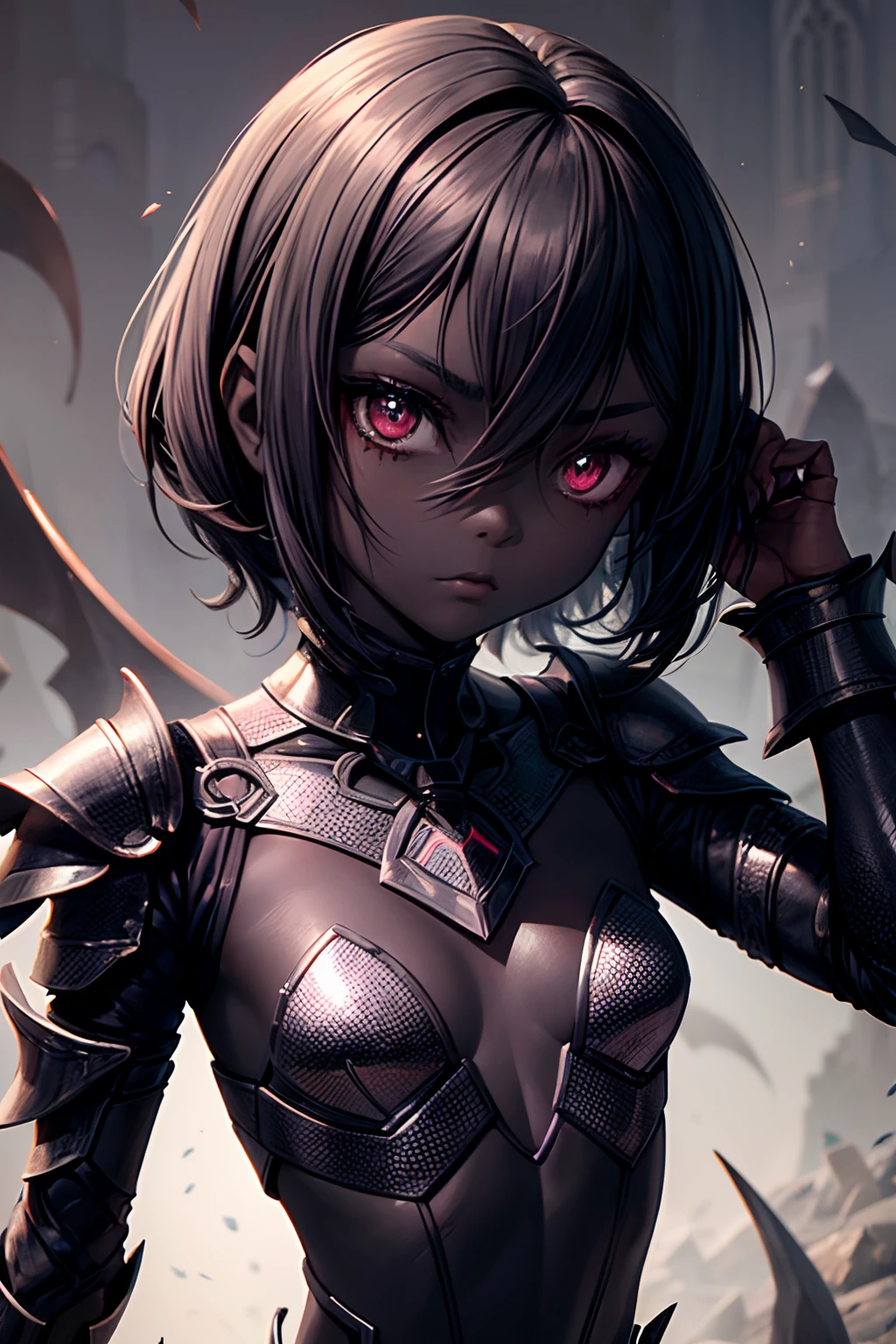 1 girl, black skin tone, petite, small chest, futuristic armor, black eyes, Evil Aura, Cursed Armor, cursed girl, Scary face