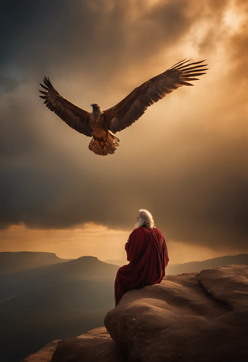 un hombre de 1200 antes de cristo sentado en una roca mirando hacia el cielo abierto,sin piedras, birds flying, ultra realista, hiperdetalhado