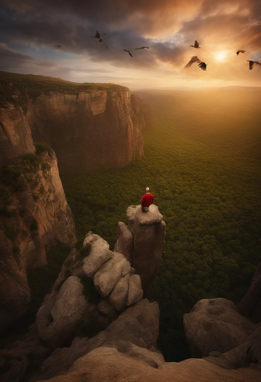 un hombre de 1200 antes de cristo sentado en una roca mirando hacia el cielo abierto,sin piedras, birds flying, ultra realista, hiperdetalhado