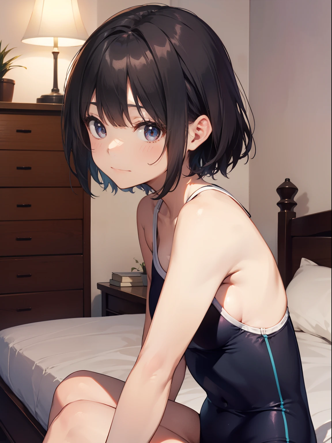 top-quality、Full limbs、complete fingers、Slender beauty、1 persons、Small eyes、Bery short hair、embarassed expression、Sailor School Swimsuit、knee high、Bedrooms