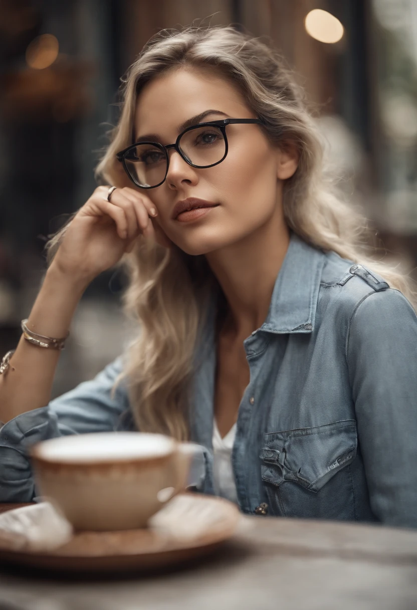 At best....., high-detail, master-piece, ultra-detail, (Realistic:1.2), 1girls, ( Cafe Background),, delicate eyes, silver-haired, purple eyes, Hair ornaments, (Clear Buttons White Tight Office Shirt:1.3),Hair length, light_ear, diadem_braid, expressionless, straight hair, (++ Seated: 1.2), large boobs,lifelike,soft colors,Wear glasses