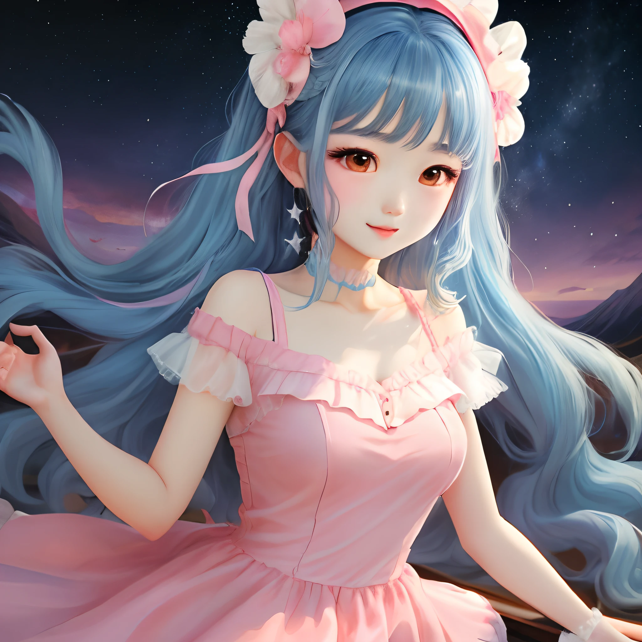 1 girl star guardiam kwaii blue hair wearing a pink dress