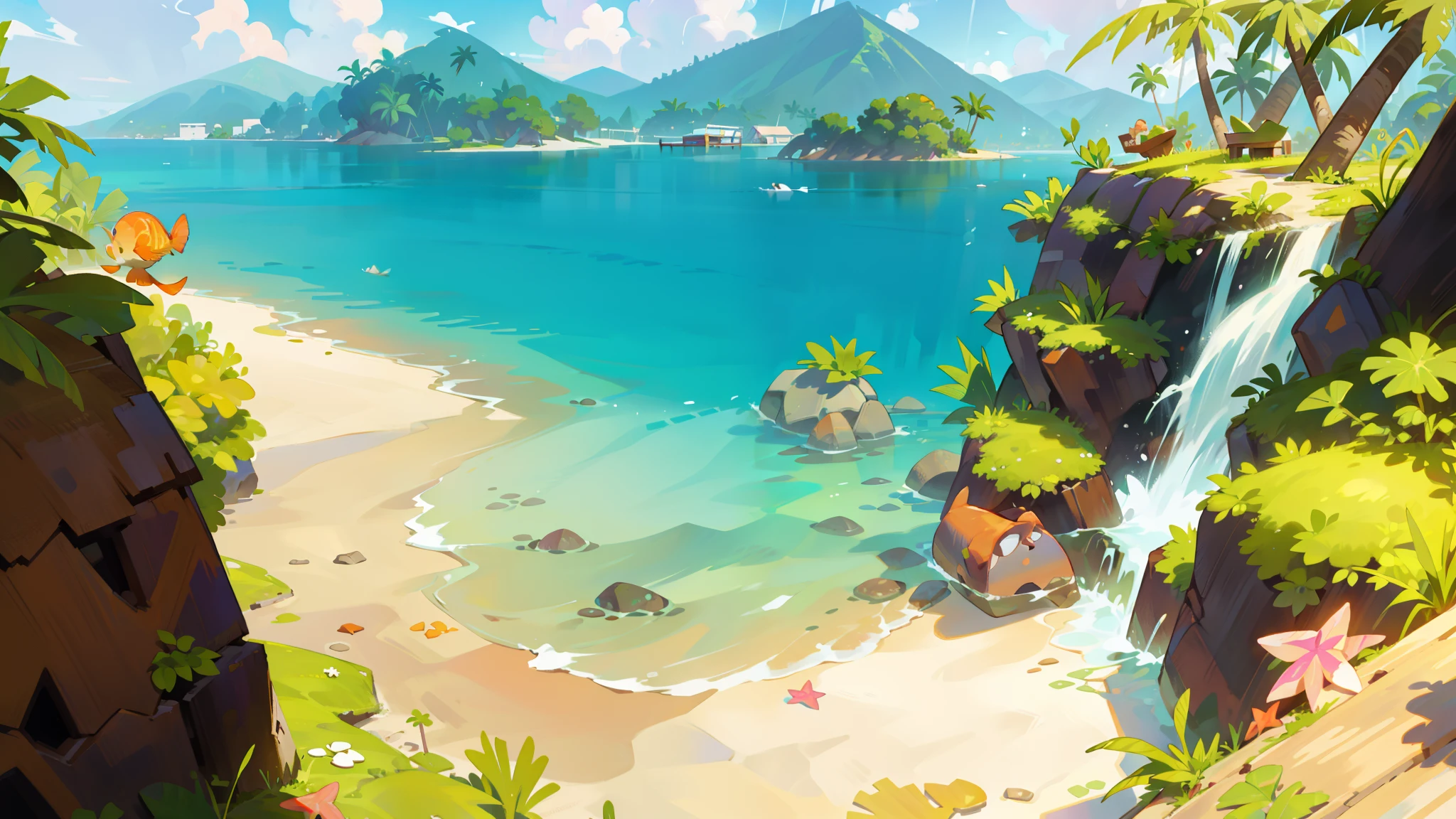a beautiful sunset over an island beach, serene and untouched by civilization, with crystal clear turquoise water gently lapping against the golden sandy shore. The beach is lined with lush green palm trees, swaying gently in the warm tropical breeze. There are a few hammocks strung up between the palm trees, inviting visitors to relax and enjoy the breathtaking view. The sky is painted in vibrant shades of pink, orange, and purple, creating a mesmerizing backdrop for the scene. The beach is dotted with seashells of various shapes and sizes, scattered along the shoreline. The water is teeming with colorful tropical fish and coral reefs, providing a vibrant underwater world for snorkeling and scuba diving. The scene exudes a sense of tranquility and paradise, a perfect escape from the busyness of everyday life. (best quality, highres, ultra-detailed), (realistic, photorealistic:1.37), tropical, paradise, sunset, crystal clear water, golden sandy beach, lush palm trees, hammocks, vibrant colors, tranquil, serene, untouched, tropical fish, coral reefs, snorkeling, scuba diving.