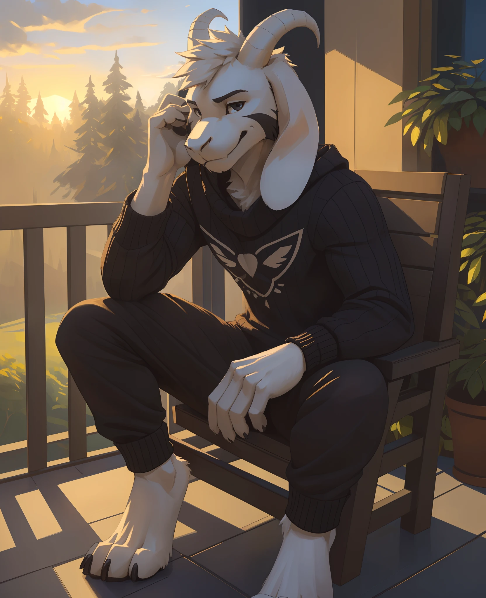 (((Males))), (((solo))) character, Asriel Dreemurr (god form), male focus, 8k wuality, ultra realistic, 3d render, digital art, beautiful Asriel Dreemurr, kenket, Ross Tran,ruan jia, uploaded to e621, zaush, foxovh, cenematic lighting, (((confident, seductive))), (((whole body showed))), (((detailed black eyes))), (((correct eyes))), (((correct position))), (((full body commission))), (((detailled hands))), (((correct hands))), (((correct feets paws))), (((feets paws))), (((white fur))), (((very fluffy))), (((white curls hornes))), (((chill))), (((long large black sweater and training pant))), (((chill on the balcony))), (((evening))), (((relax and chill))), (((chill place))), (((plant))), (((tabel and chair)))