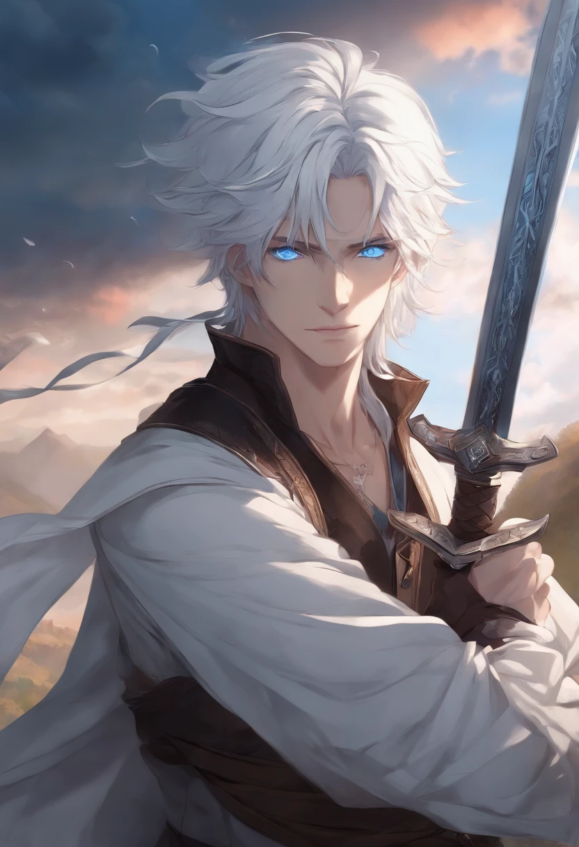 high quality,anime style,white-haired young man with blue eyes,no beard,
sword,misty scenery