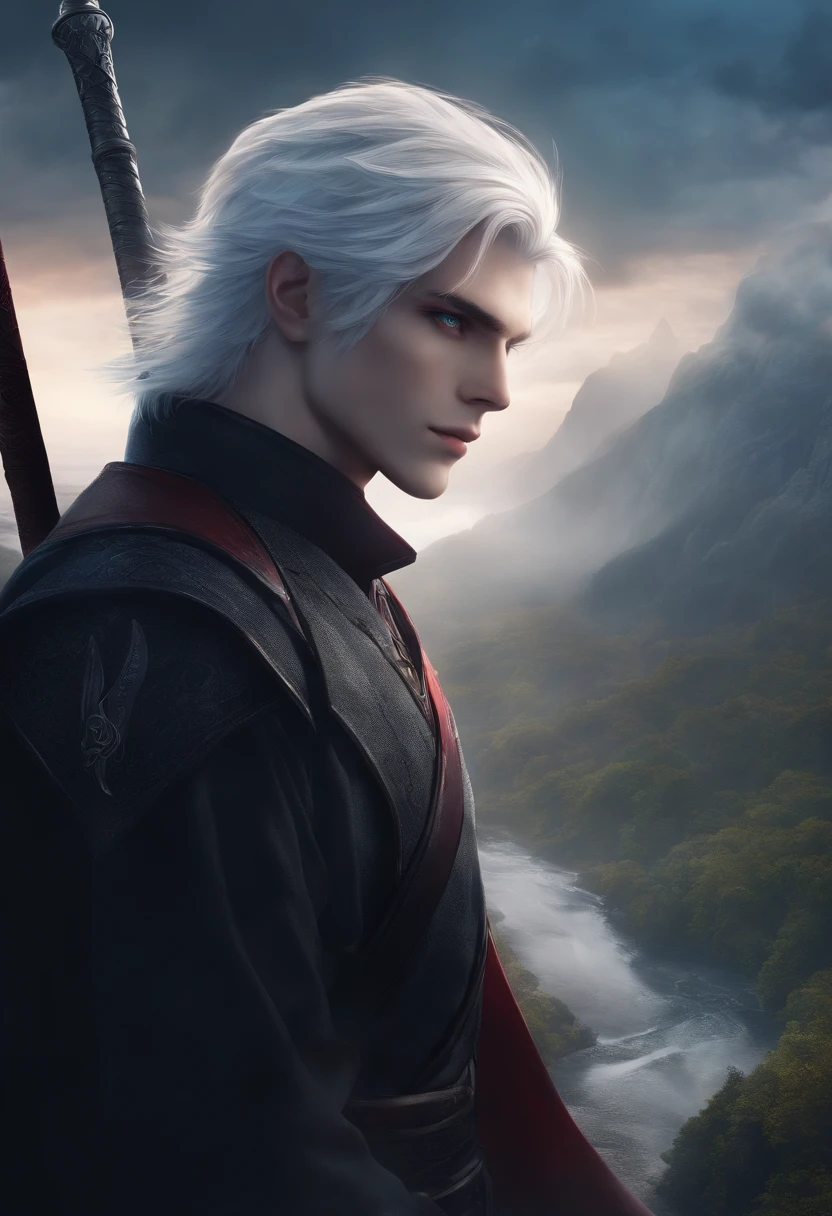 high quality,anime style,white-haired young man with blue eyes,no beard,
sword,misty scenery