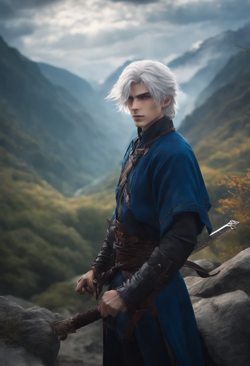 high quality,anime style,white-haired young man with blue eyes,no beard,
sword,misty scenery